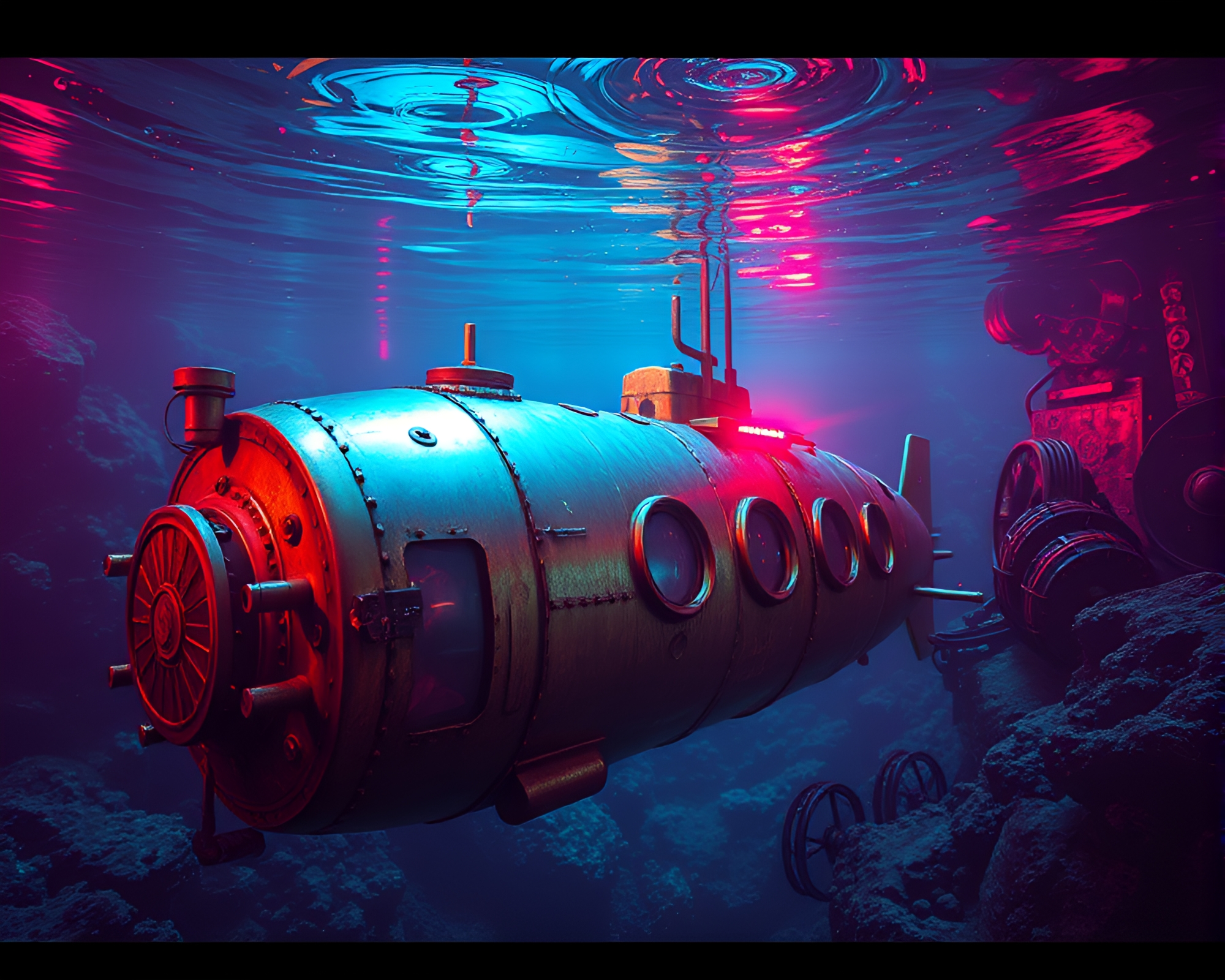 Synthwave Submarine Navigating Vibrant Bronze Underwater World – free AI stock image