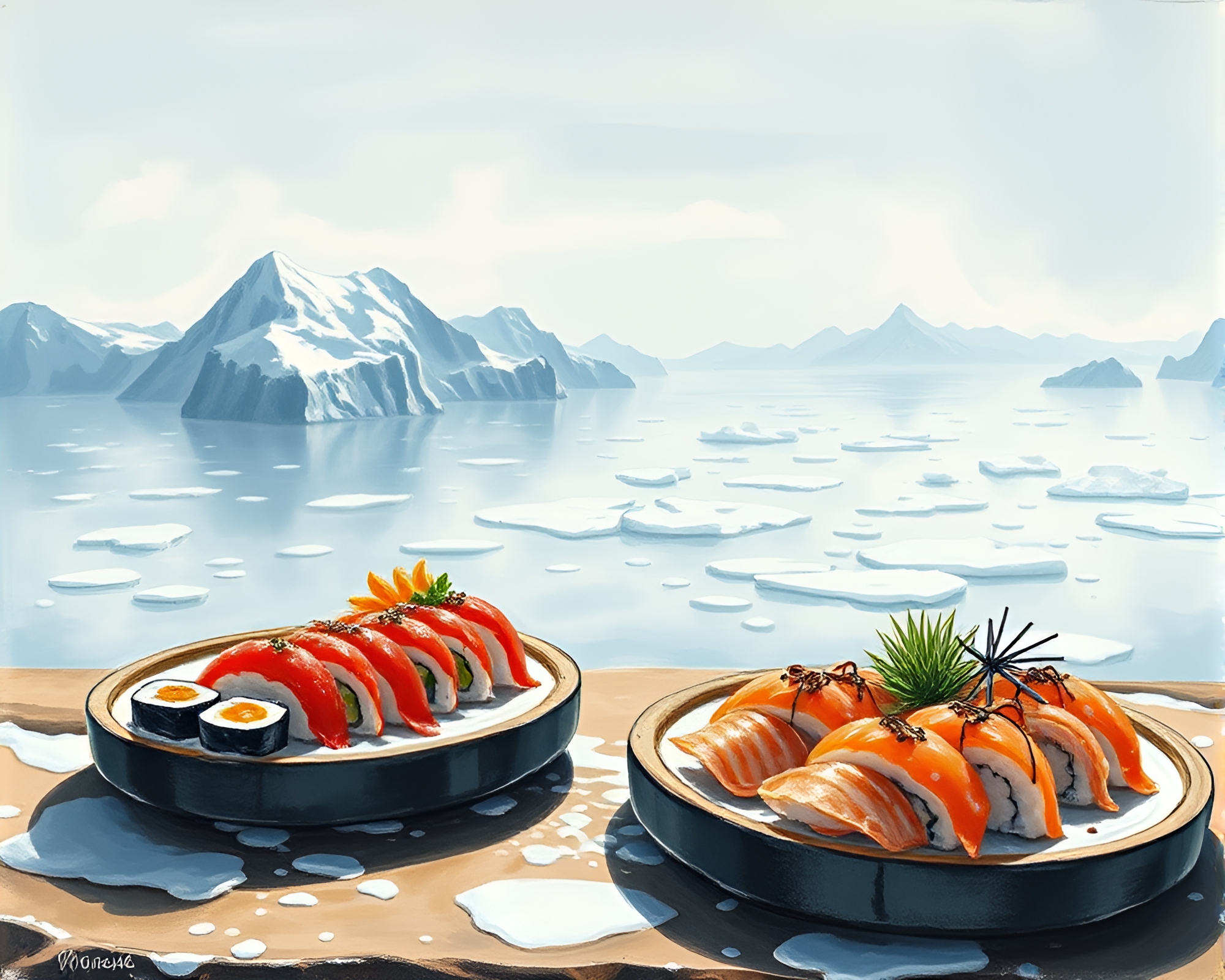 Sushi Platter in Antarctic Whiteout: Sumi-e Panoramic View – free AI stock image