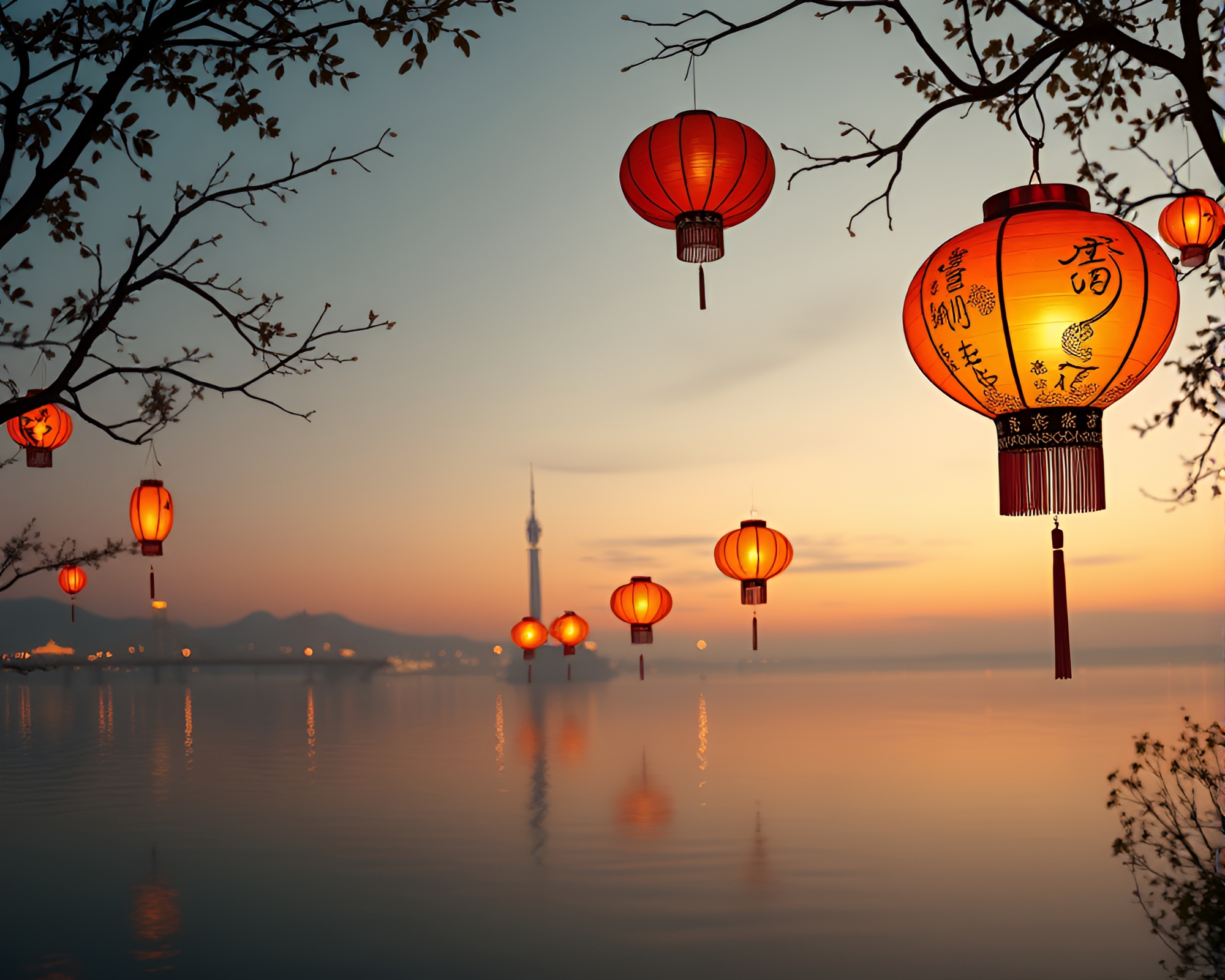 Floating Lanterns in Savannah Golds: Calligraphy Art – free AI stock image