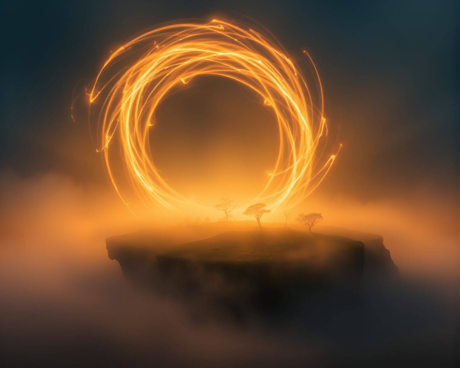 Mysterious light-painted vortex above misty magical landmass