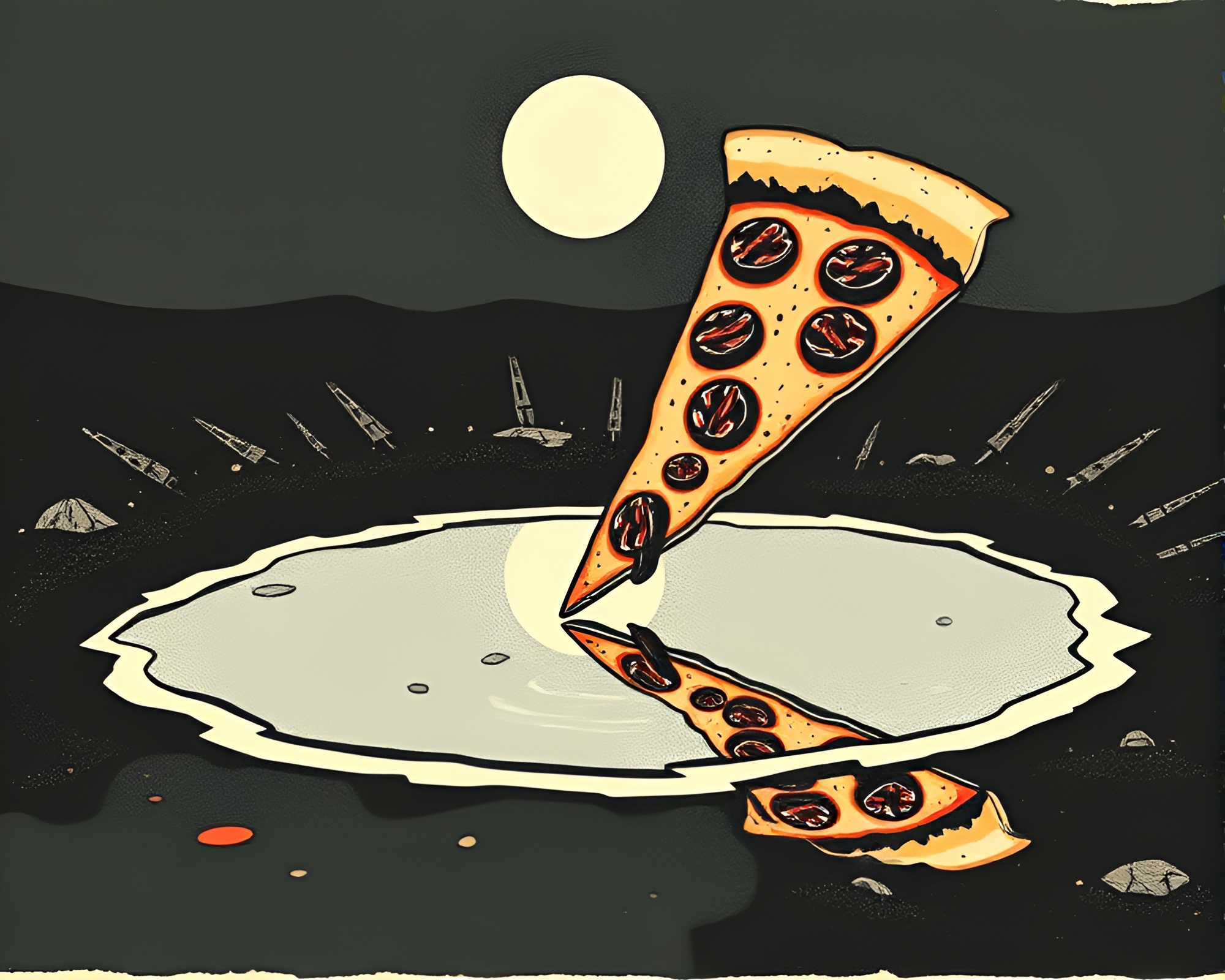 Pizza Reflection in Volcanic Puddle Linocut Print – free AI stock image