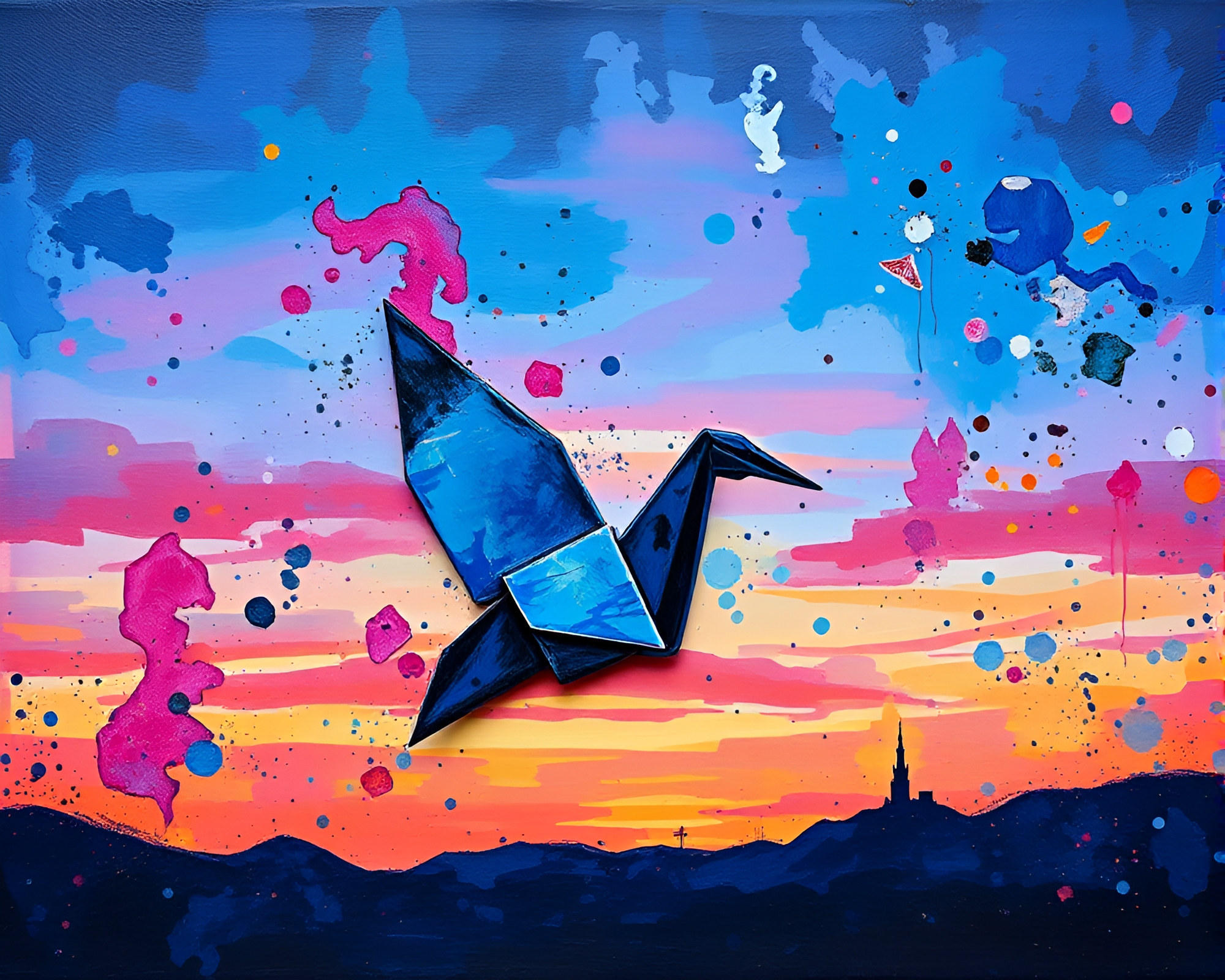 Expressionist Origami Crane in Dusk Twilight Acrylic Spatters – free AI stock image