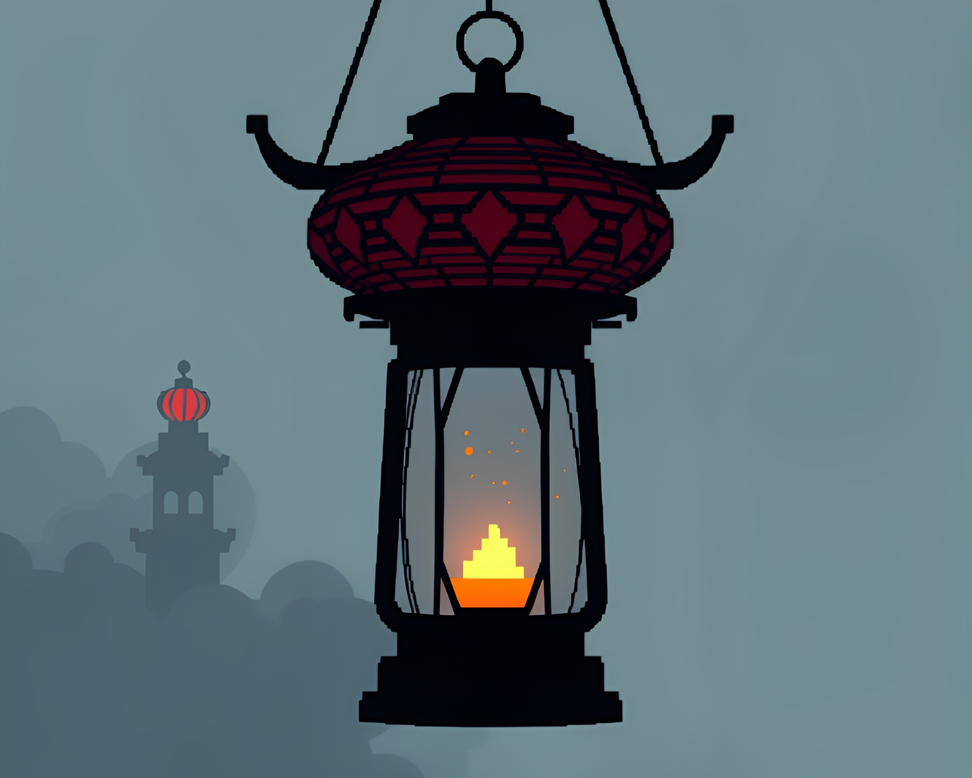 Glowing Oil Lantern Reflection in Smoky Pixelated Silhouette – free AI stock image