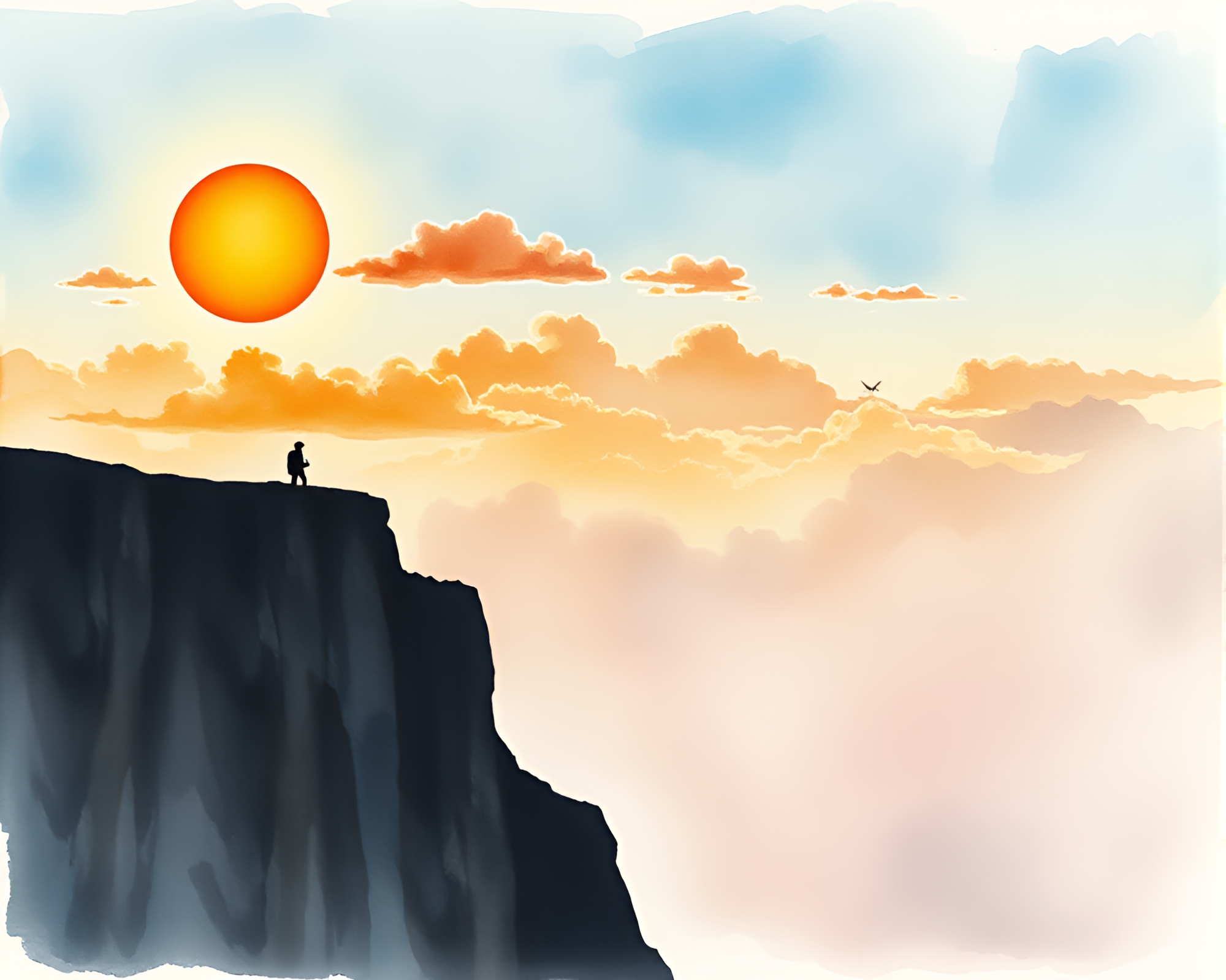 Ethereal Solar Eclipse Over Wildlife Watercolor Cliffside – free AI stock image