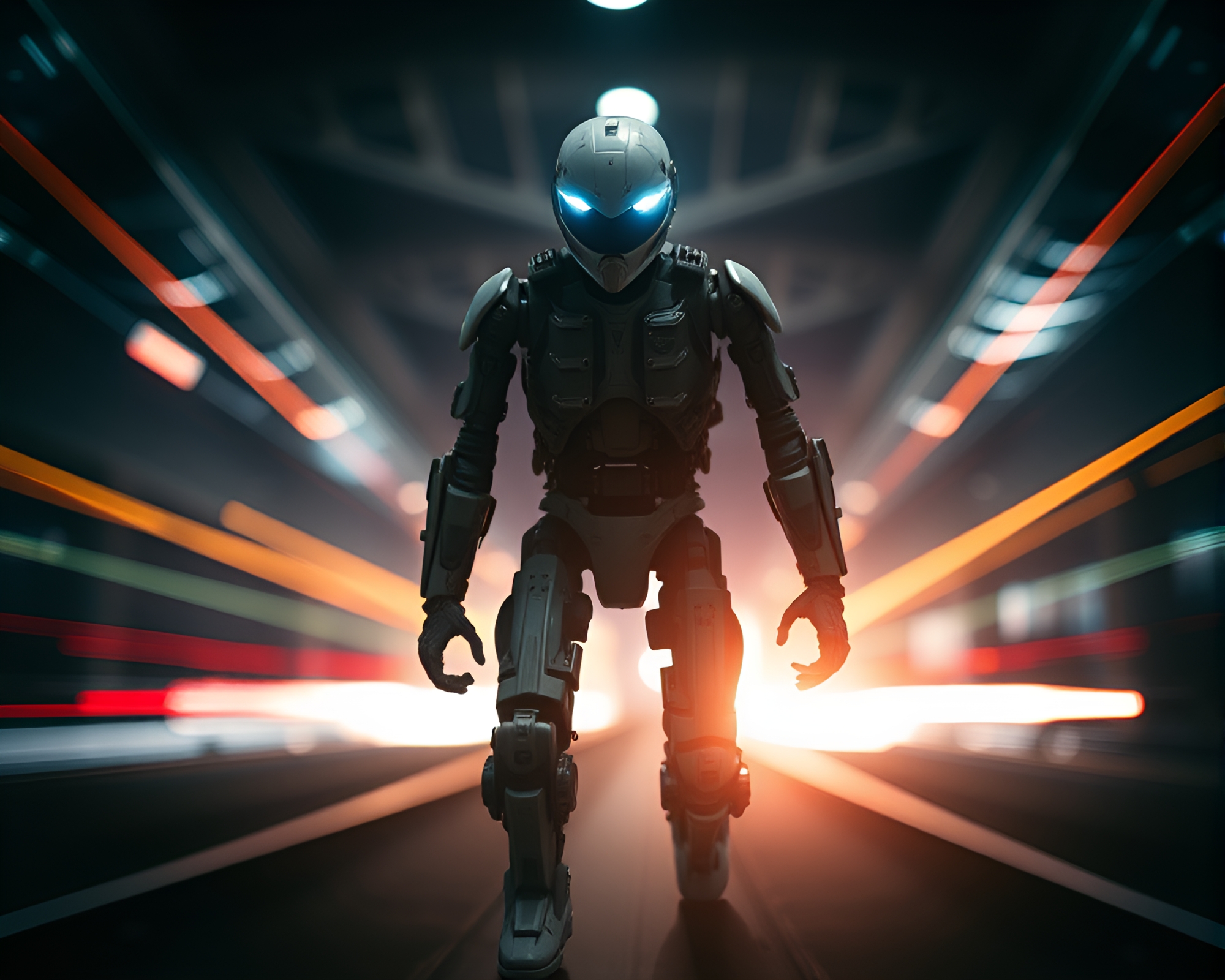Futuristic Exoskeleton Suit with Train Light Trails – free AI stock image