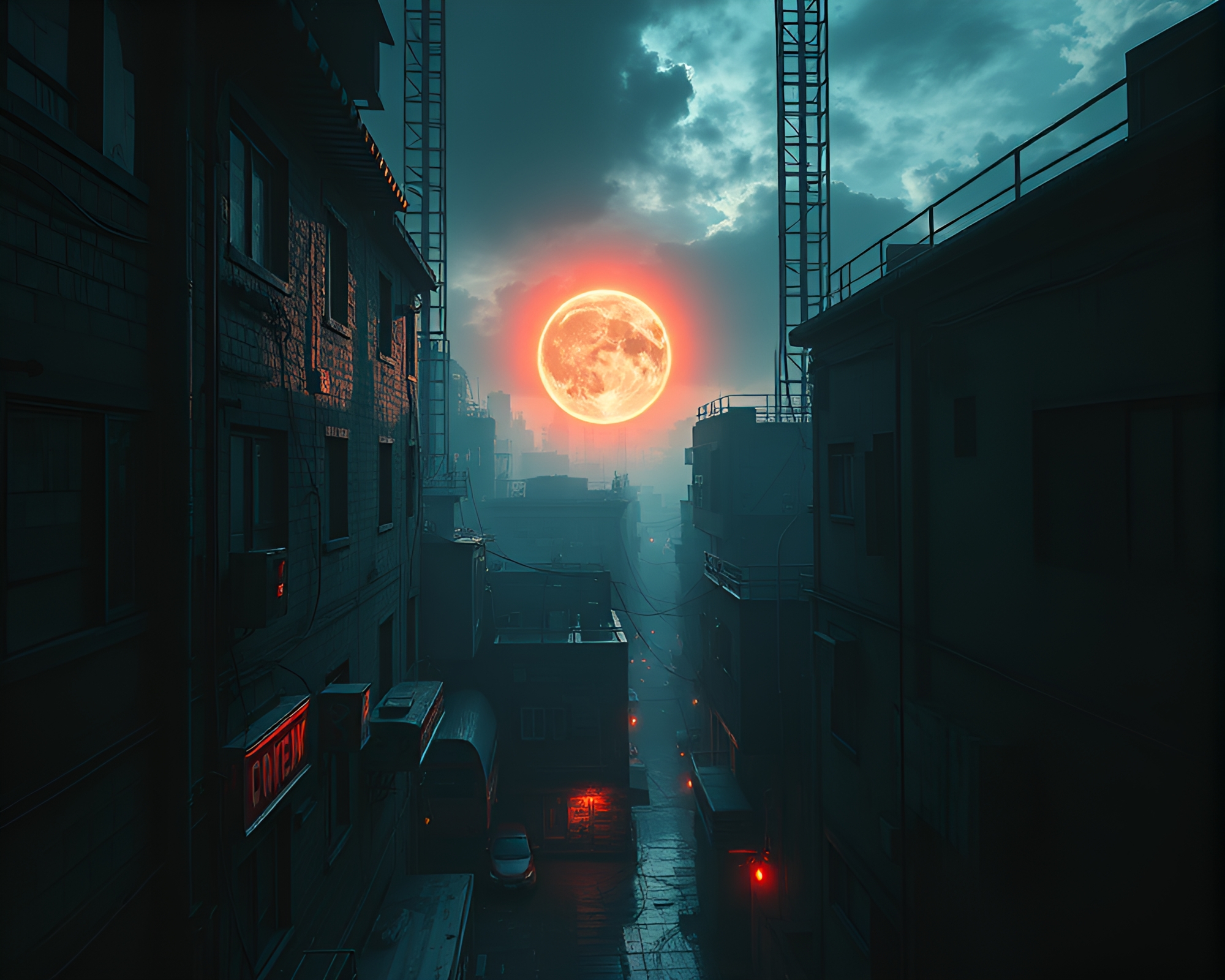 Surreal Cyberpunk Alley Eclipse Aerial View – free AI stock image