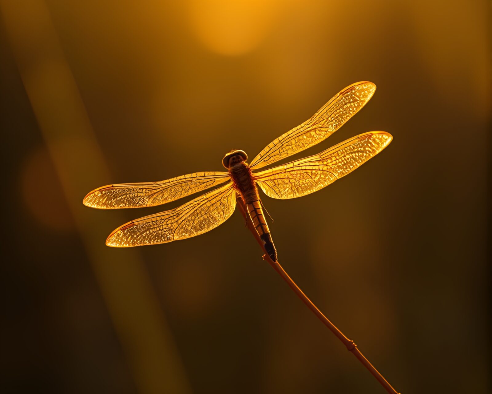 Majestic dragonfly hovering over barcode stripe under colorful sky