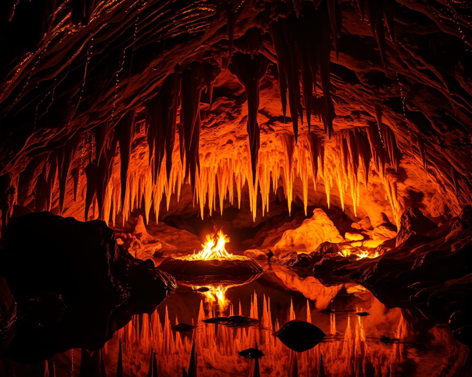Tri-tone cave with reflective chrome formations and flickering bonfire light