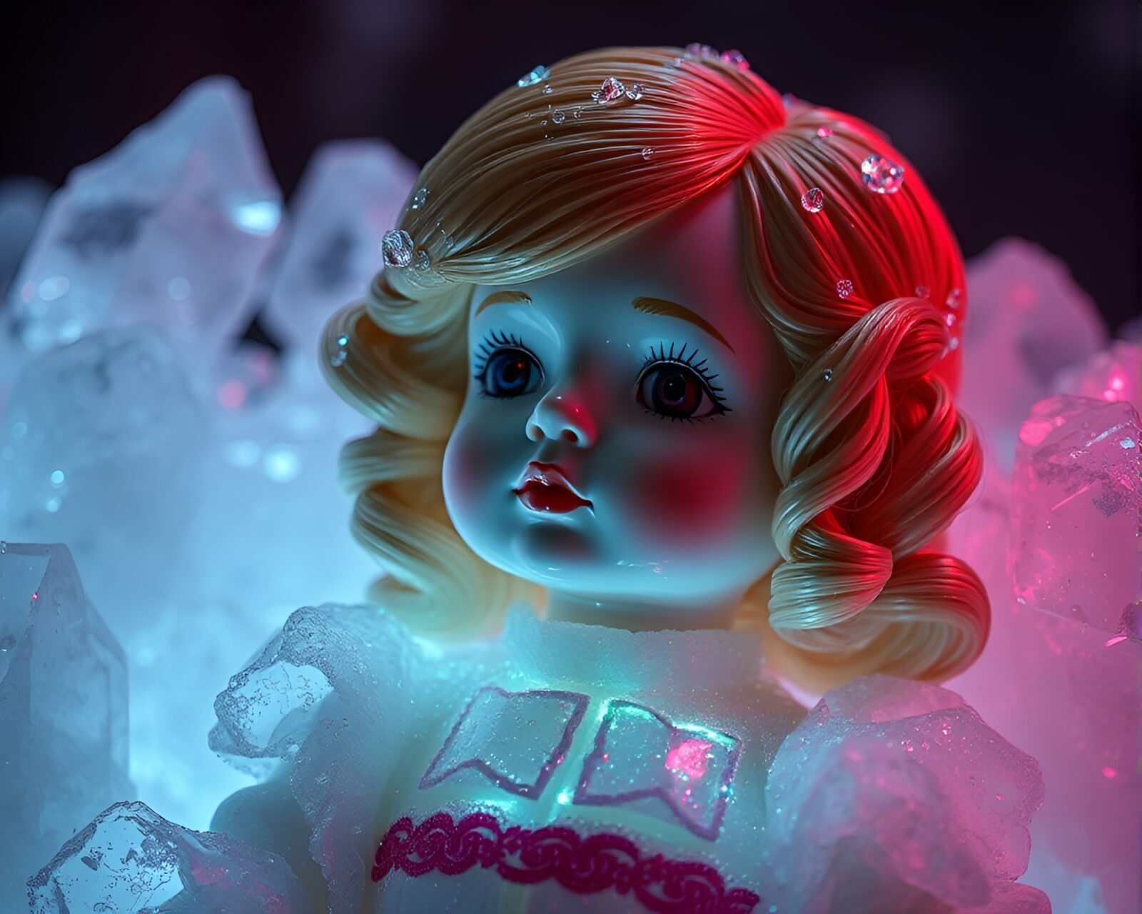 Ethereal porcelain doll surrounded by ice crystals and scanlines