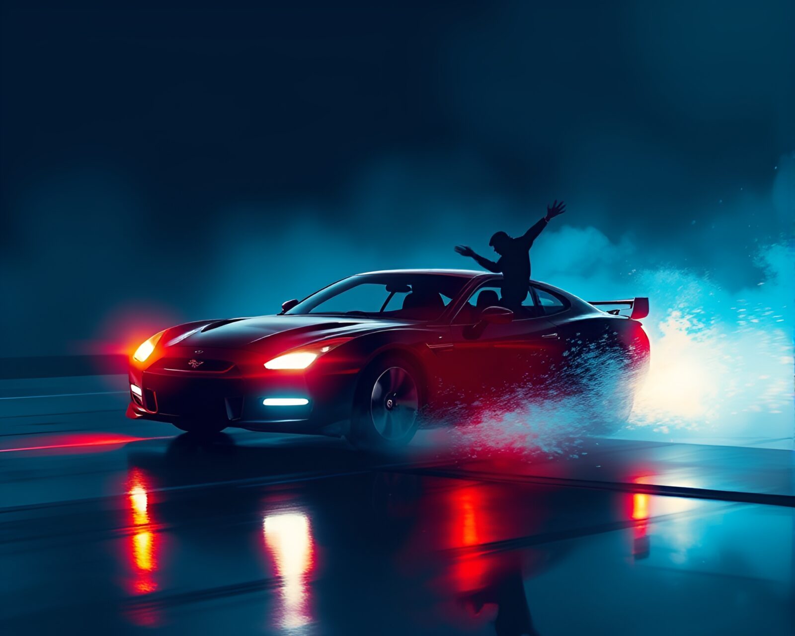 A futuristic flying car against a twilight sapphire sky