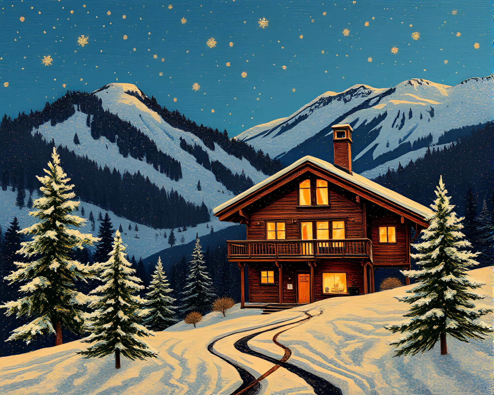 Dadaist Alpine Chalet with Metallic Flake Sparkle – free AI stock image