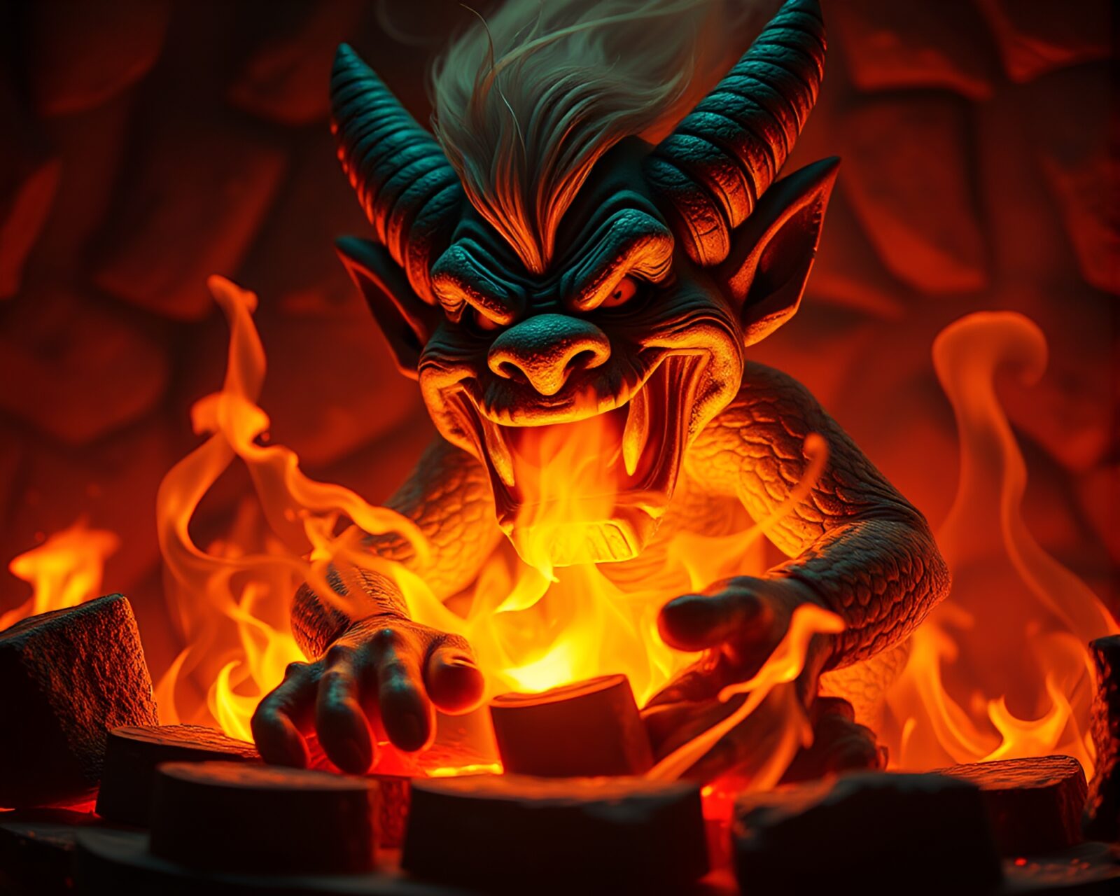 Vibrant troll figure in op art style by fireplace