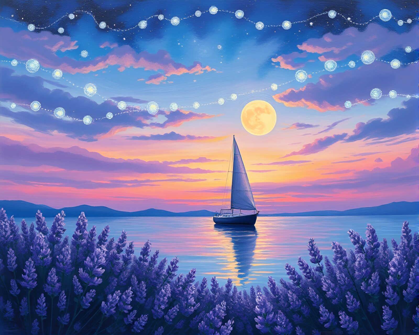 Tempera painting of a futuristic sailboat in a surreal twilight