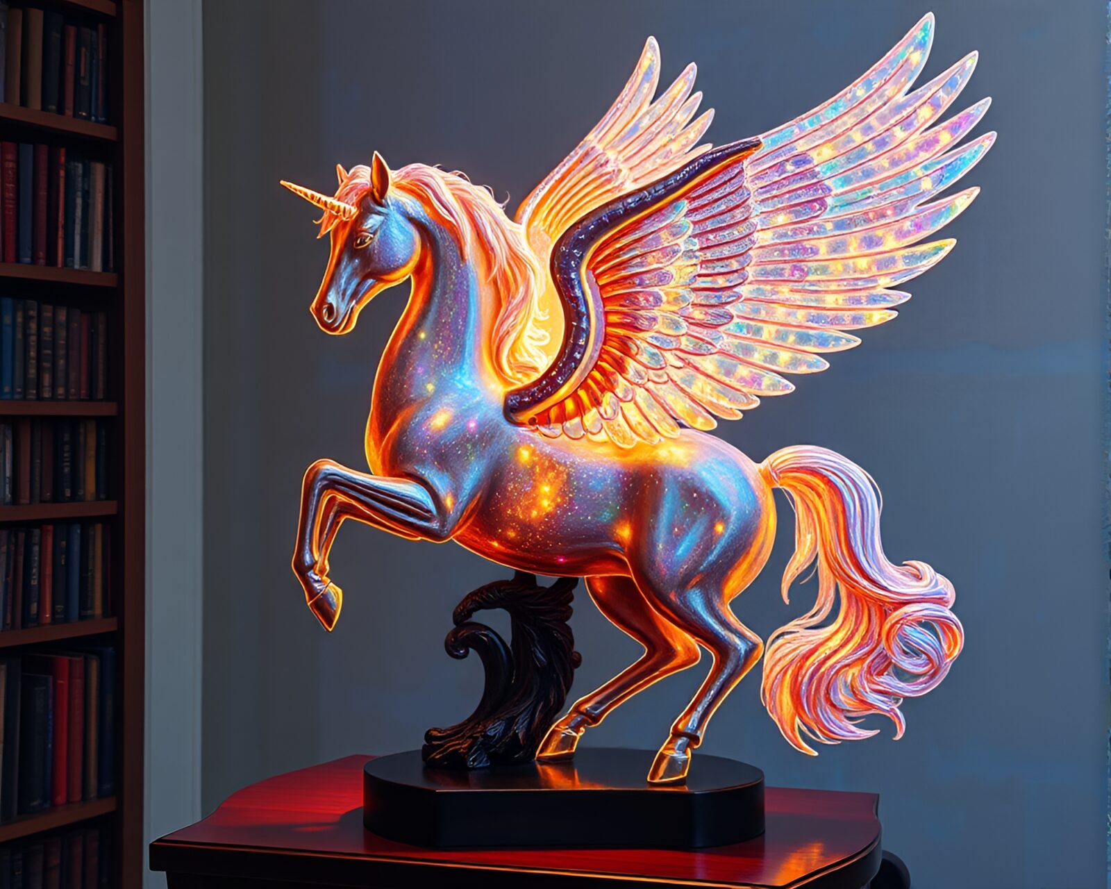 Acrylic painting of a majestic holographic Pegasus in a cozy library setting