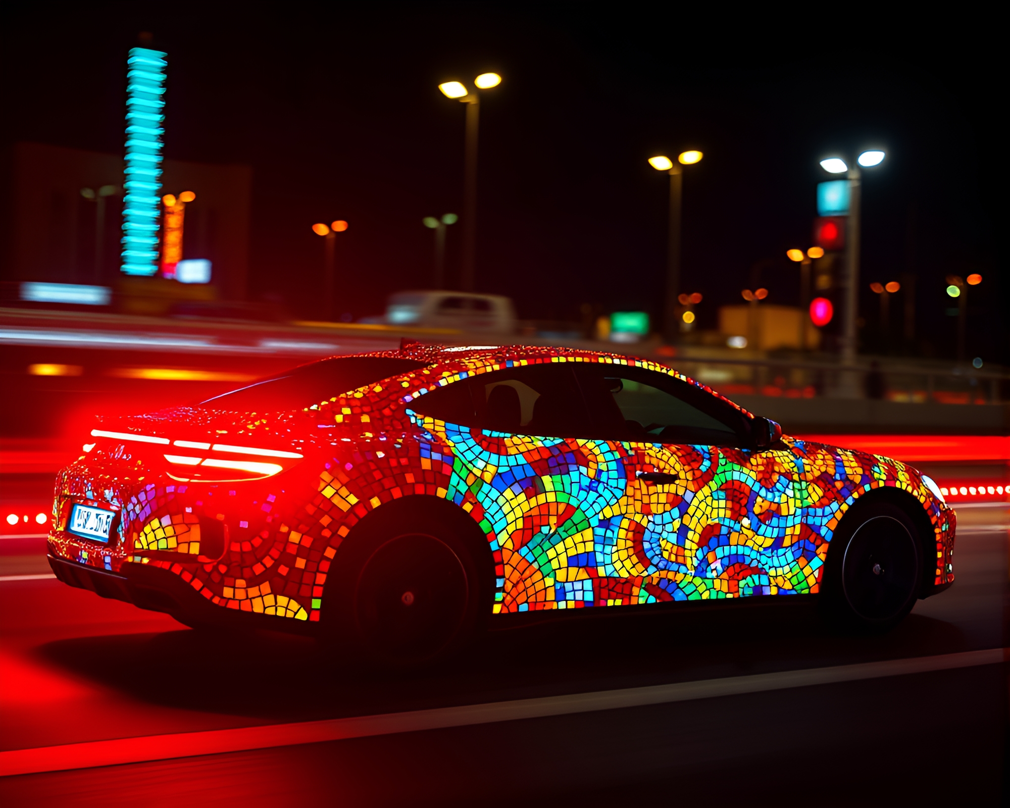 Futuristic geometric hover car in mosaic lighting – free AI stock image