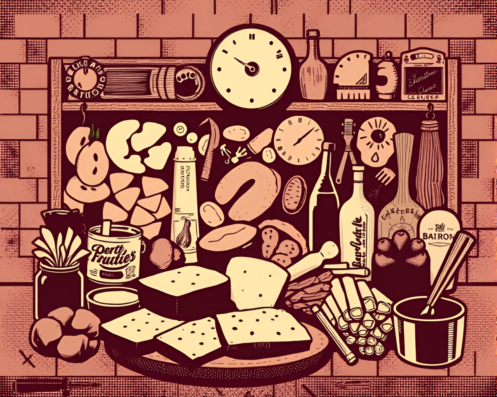 A futuristic cyberpunk charcuterie board with desaturated halftone lighting.