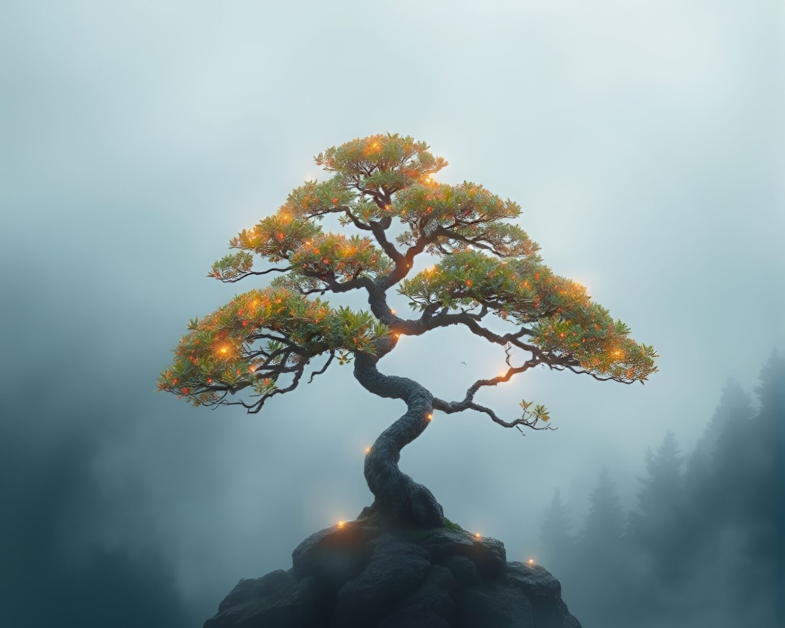 LED pixel grid arranged as bonsai tree in foggy egg tempera style