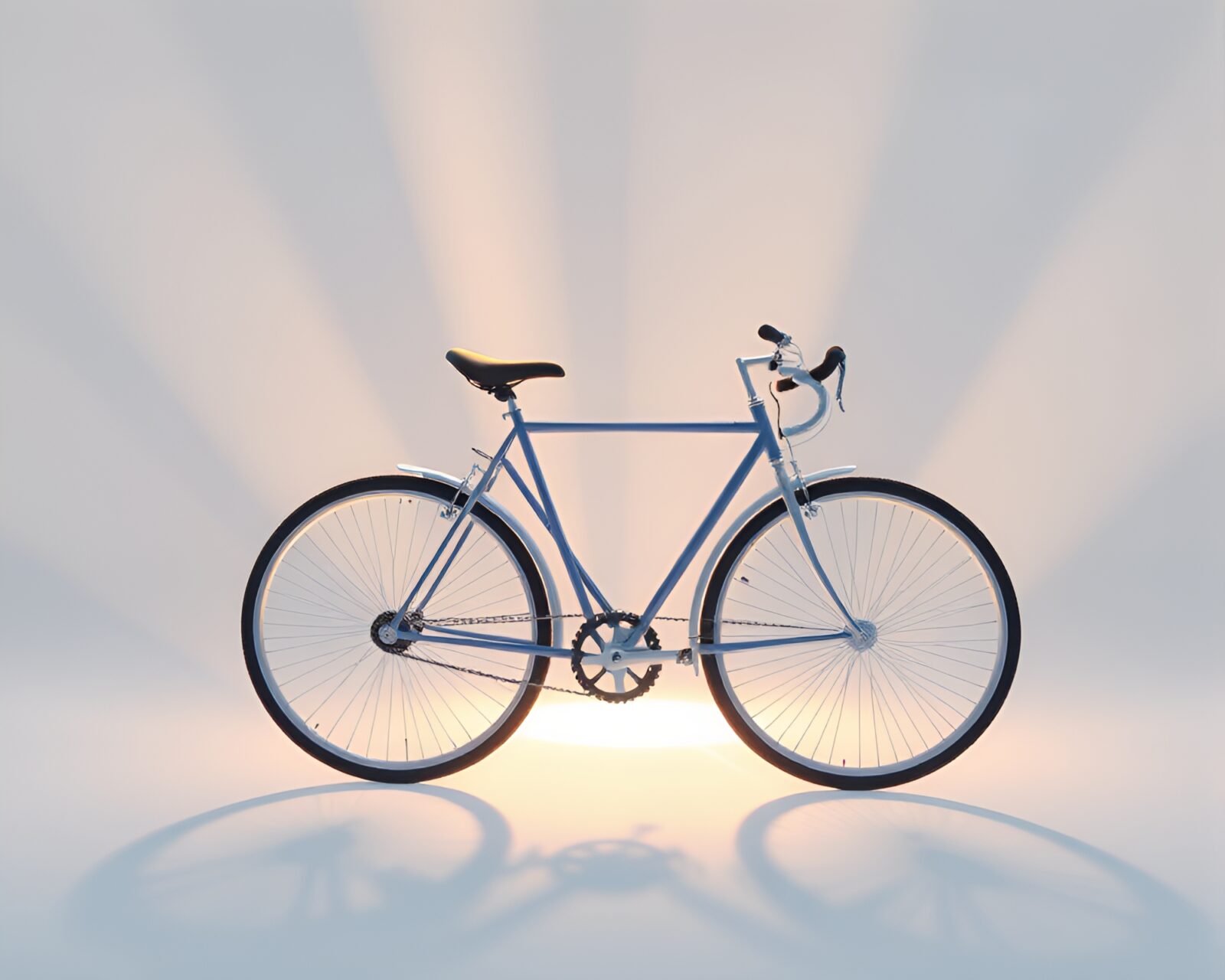 A futuristic pixelated bicycle illuminated by sunbeam rays.