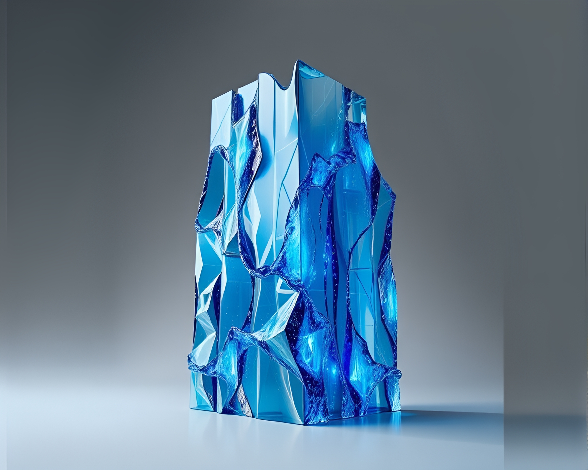 Kinetic Monolith: Steel-Blue Glass Distortion Art – free AI stock image