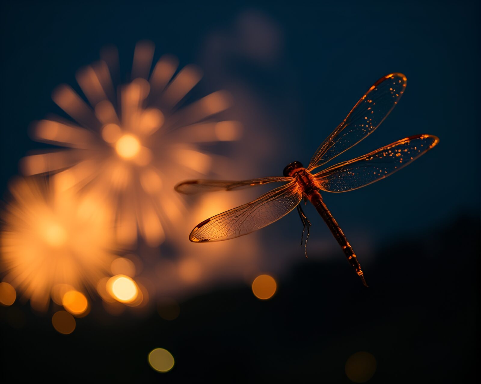 Colorful dragonfly surrounded by bursts of fireworks and lights