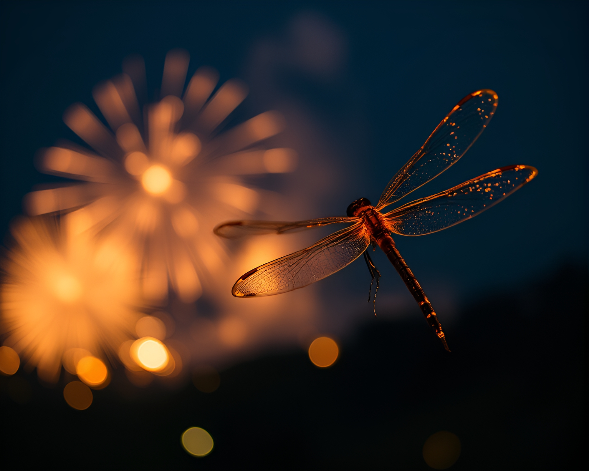 Dragonfly Fireworks Dance Amidst Bokeh Lights – free AI stock image
