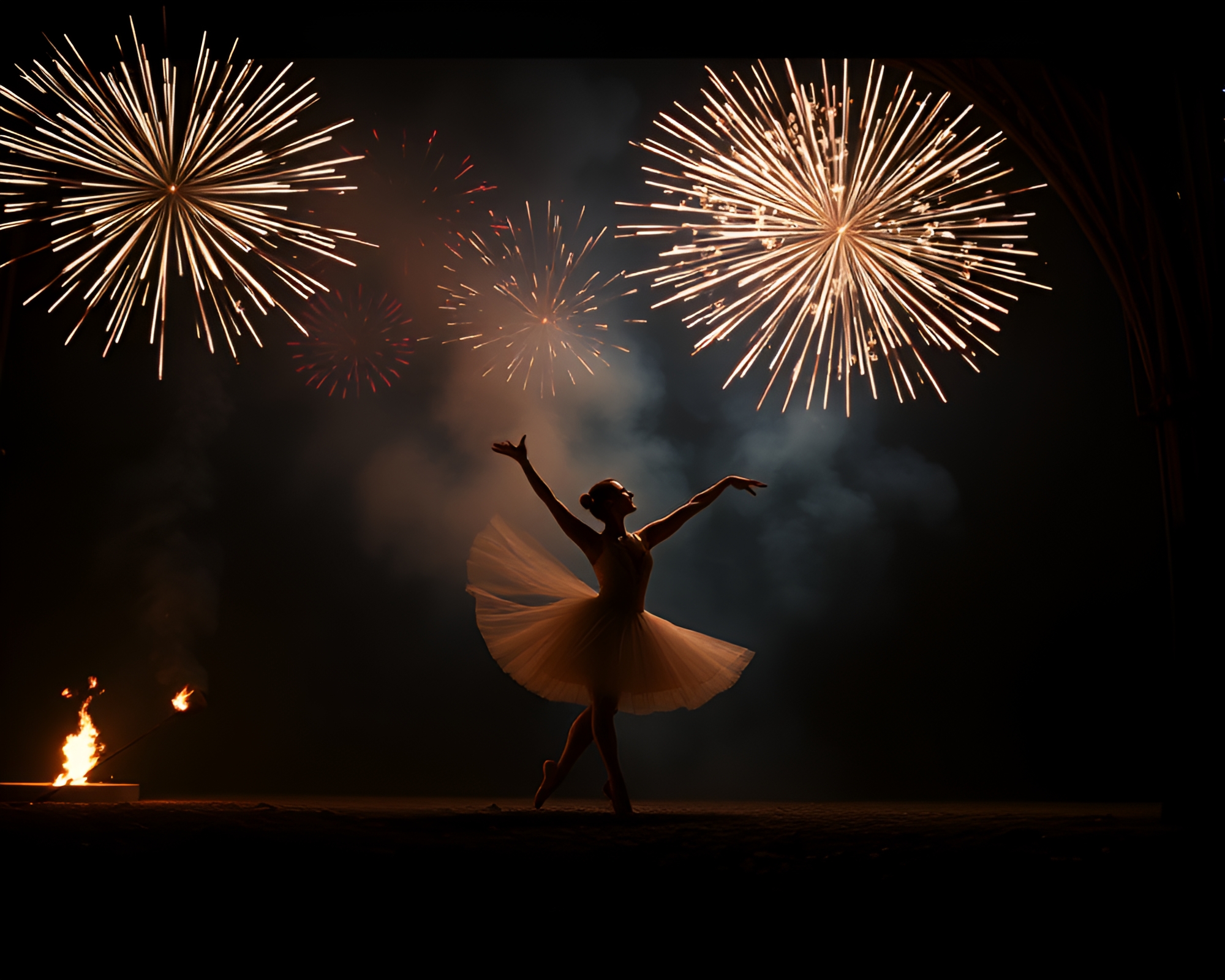 Ballet Dancer Amidst Fireworks in Dungeon Torchlight Cinemagraph – free AI stock image