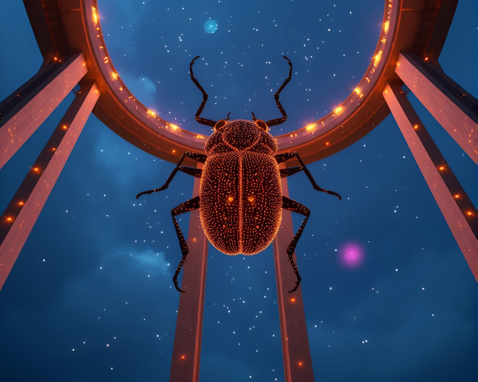 Intricate particle-simulated beetle amidst cosmic architectural beauty
