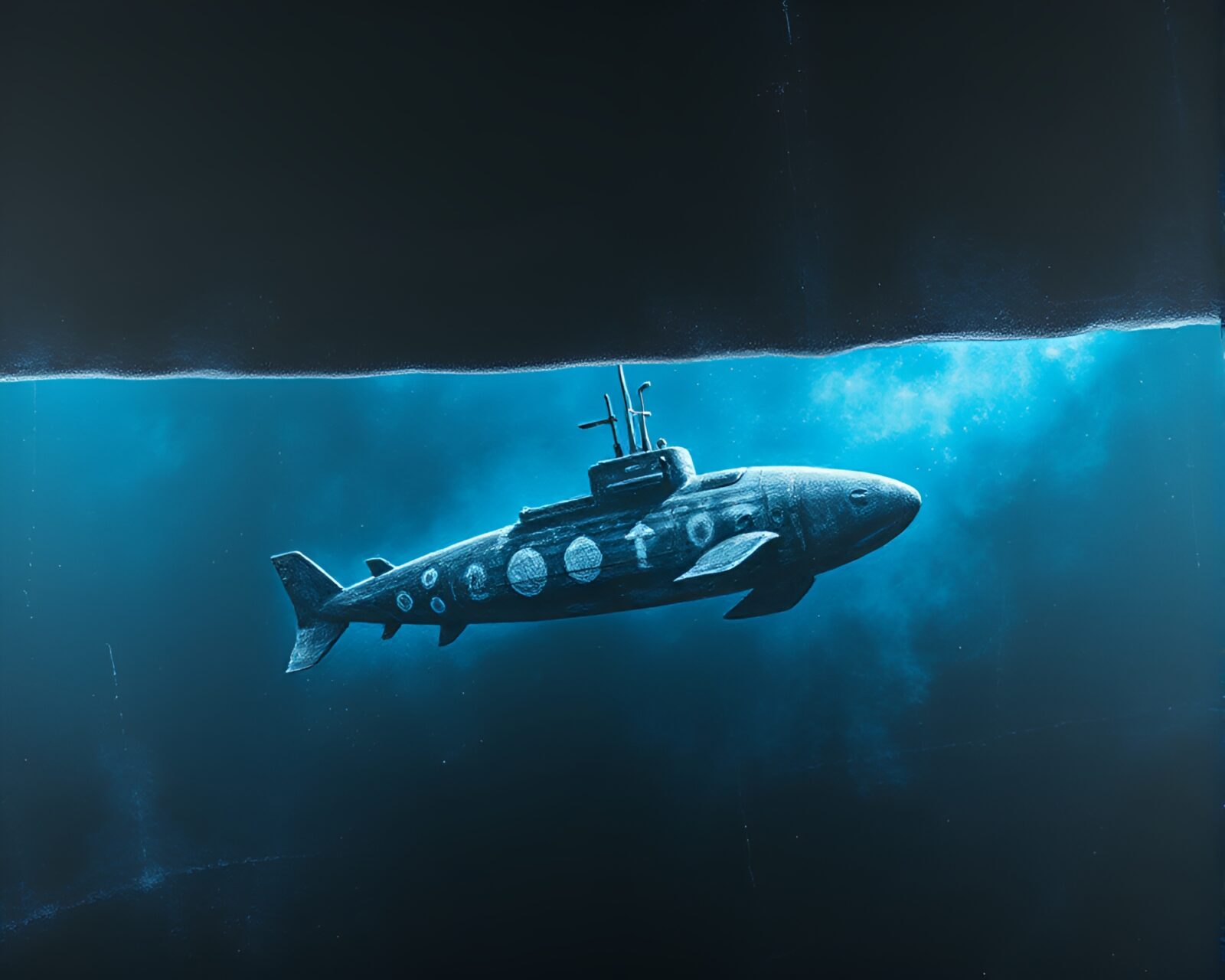 Surreal chalk drawing of glowing submarine underwater scene
