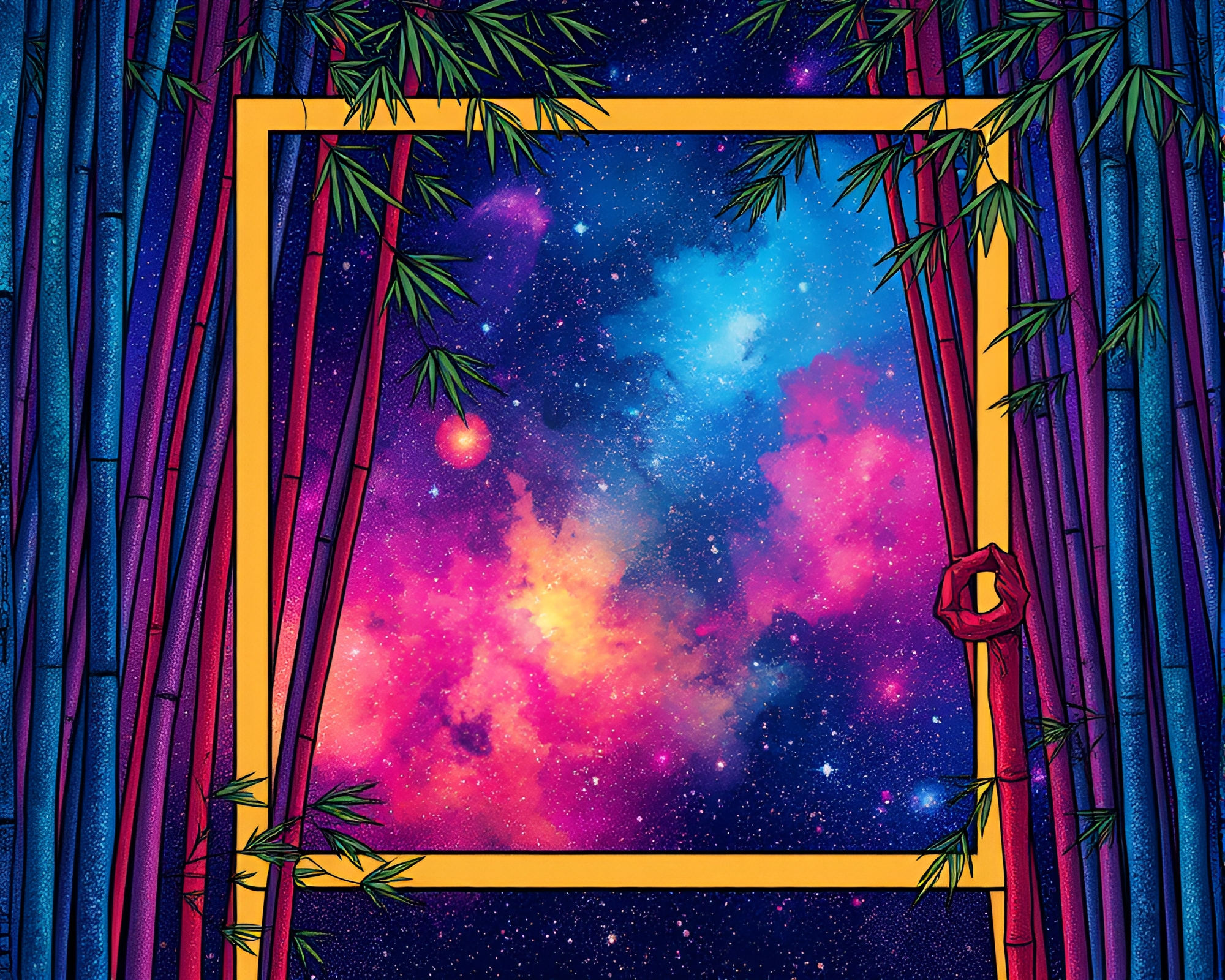 Bamboo Galaxy Frame Art: Cosmic Oasis – free AI stock image