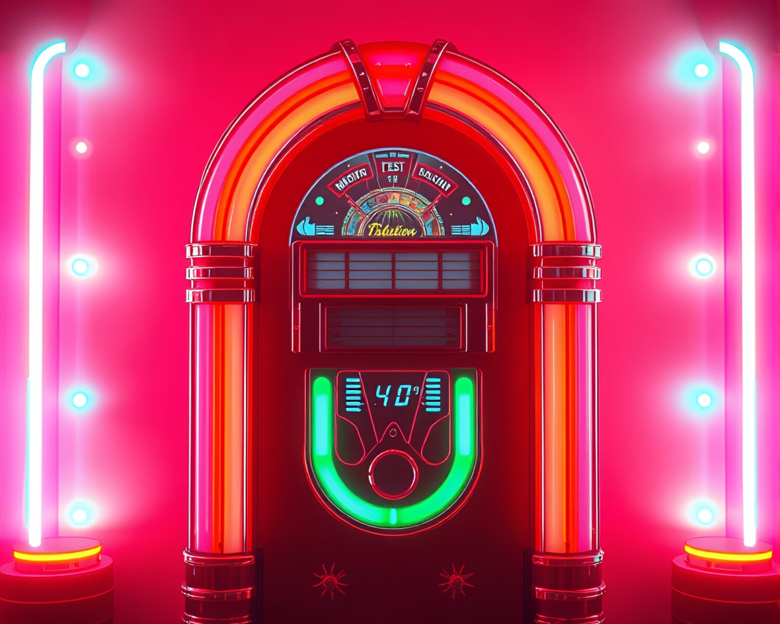 Retro jukebox outlined in neon wireframe amidst dreamy haze