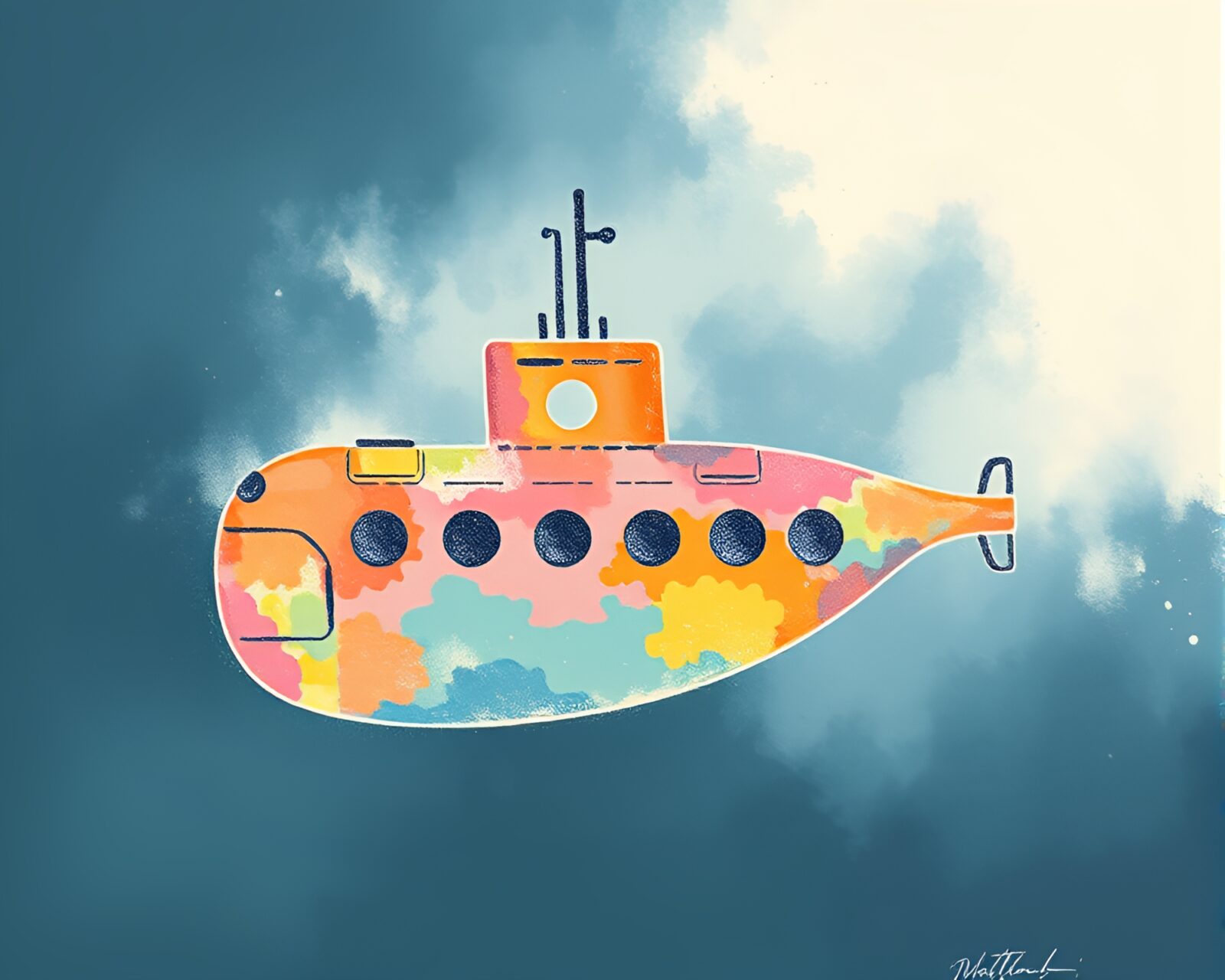 Medium shot of a submarine in pastel stencil art