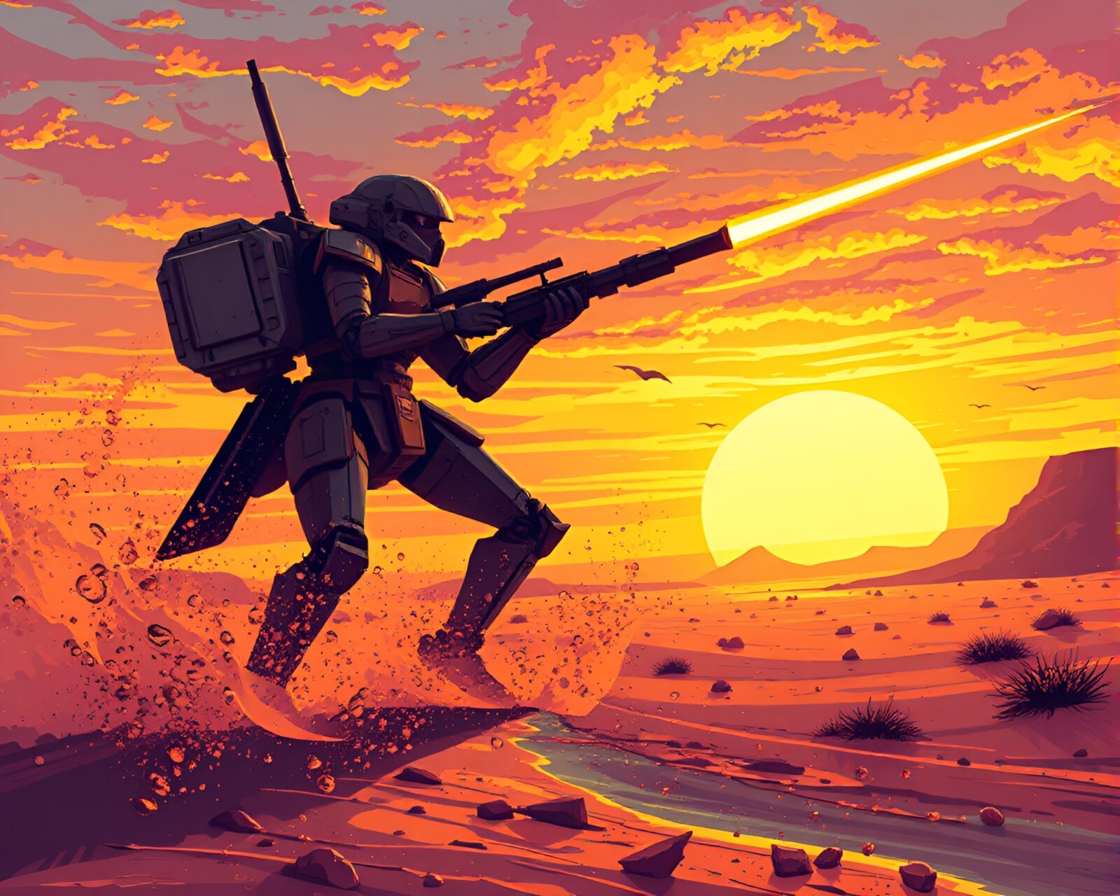 Futuristic battle mech in a desert at sunset, distorted by water