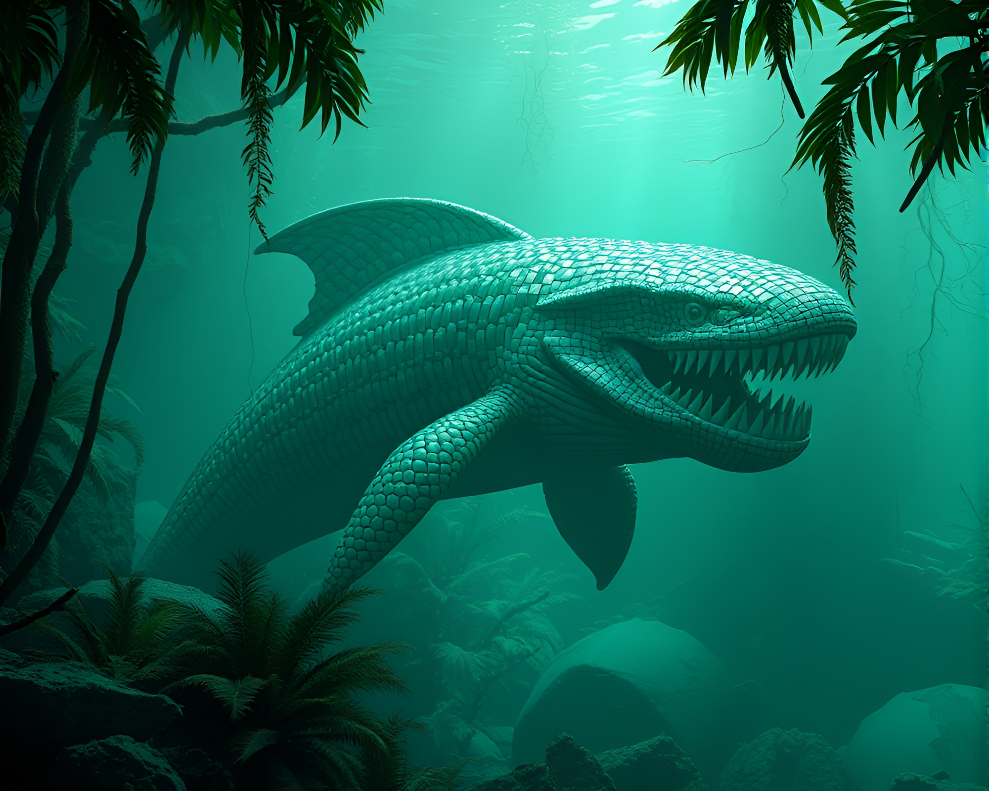 Leviathan Shrouded in Rainforest Green Mosaic CGI Render – free AI stock image