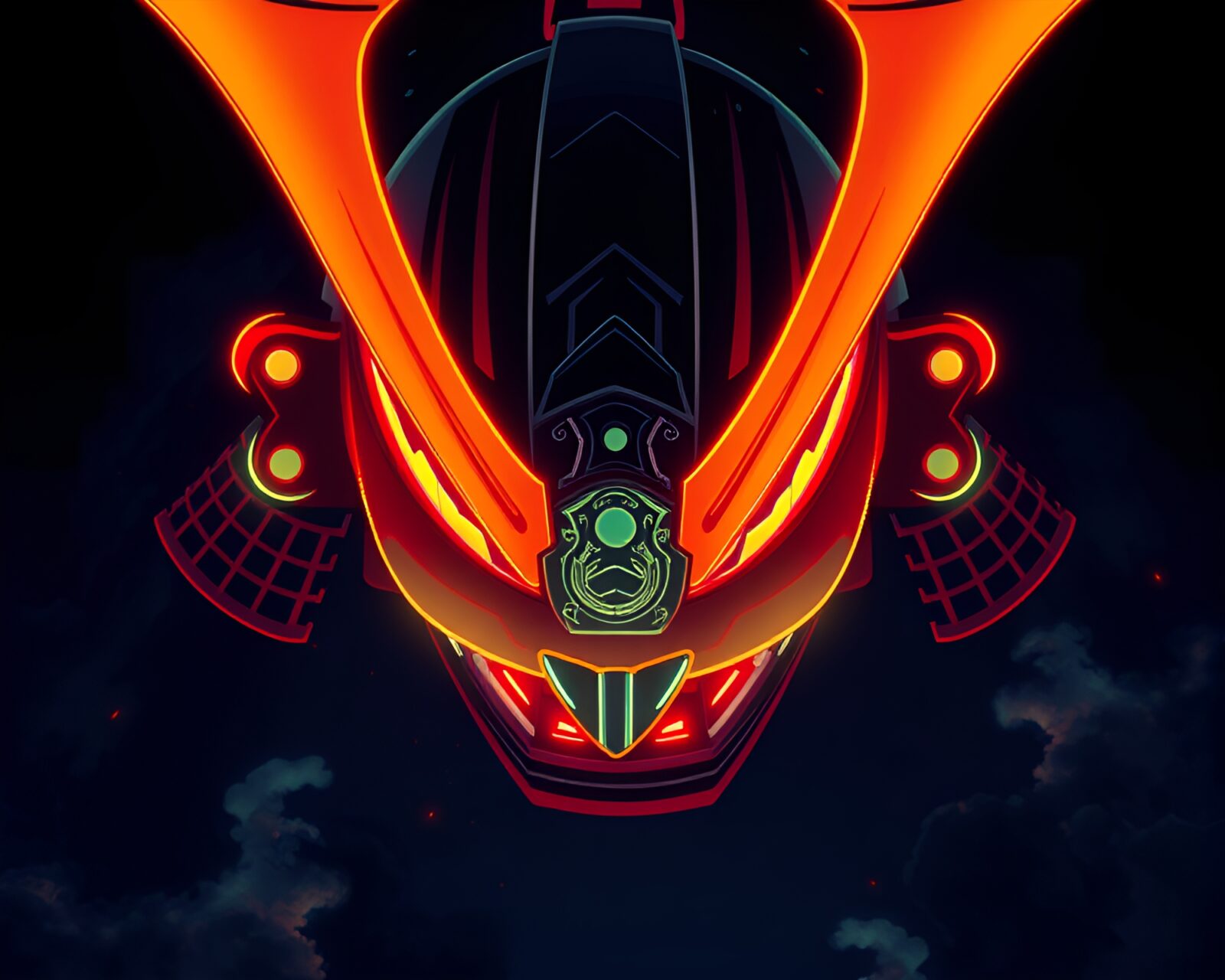 Pixelated samurai helmet under dramatic rim lighting from above