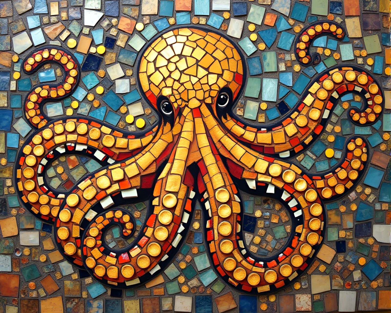 Vibrant expressionist painting of an octopus in fragmented mosaic