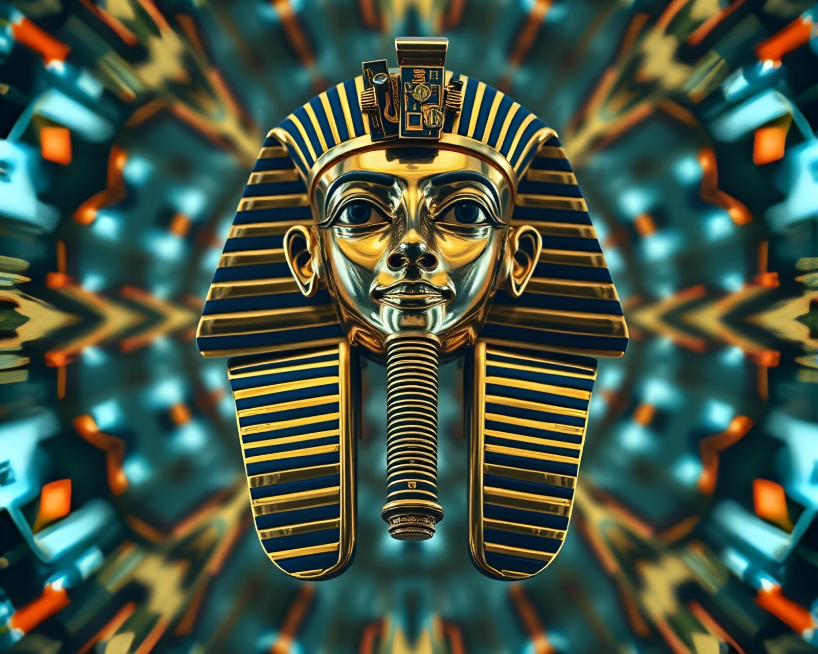 Medium shot of a mesmerizing Pharaoh's mask with colorful kaleidoscope effect