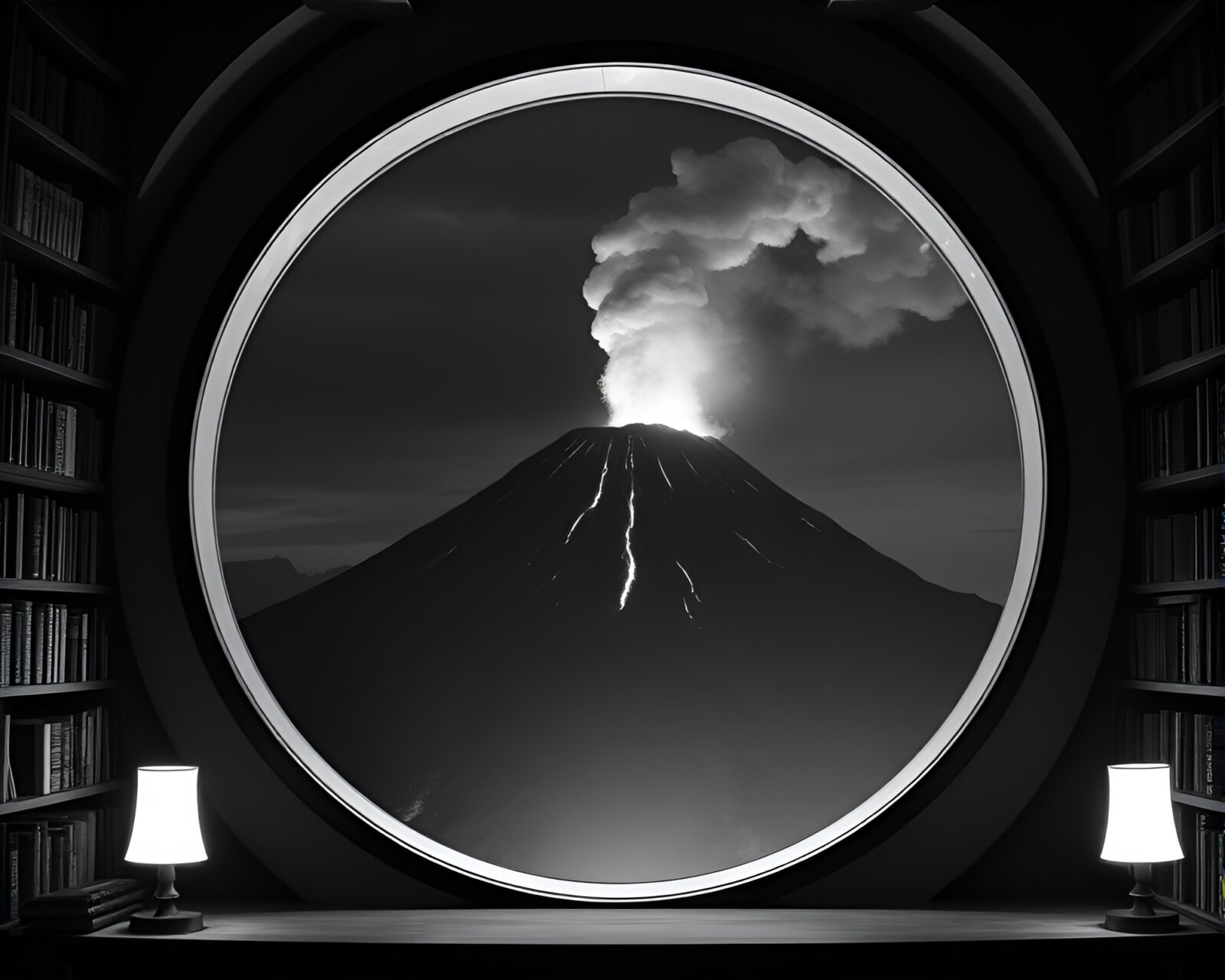 A black and white depiction of a volcanic explosion
