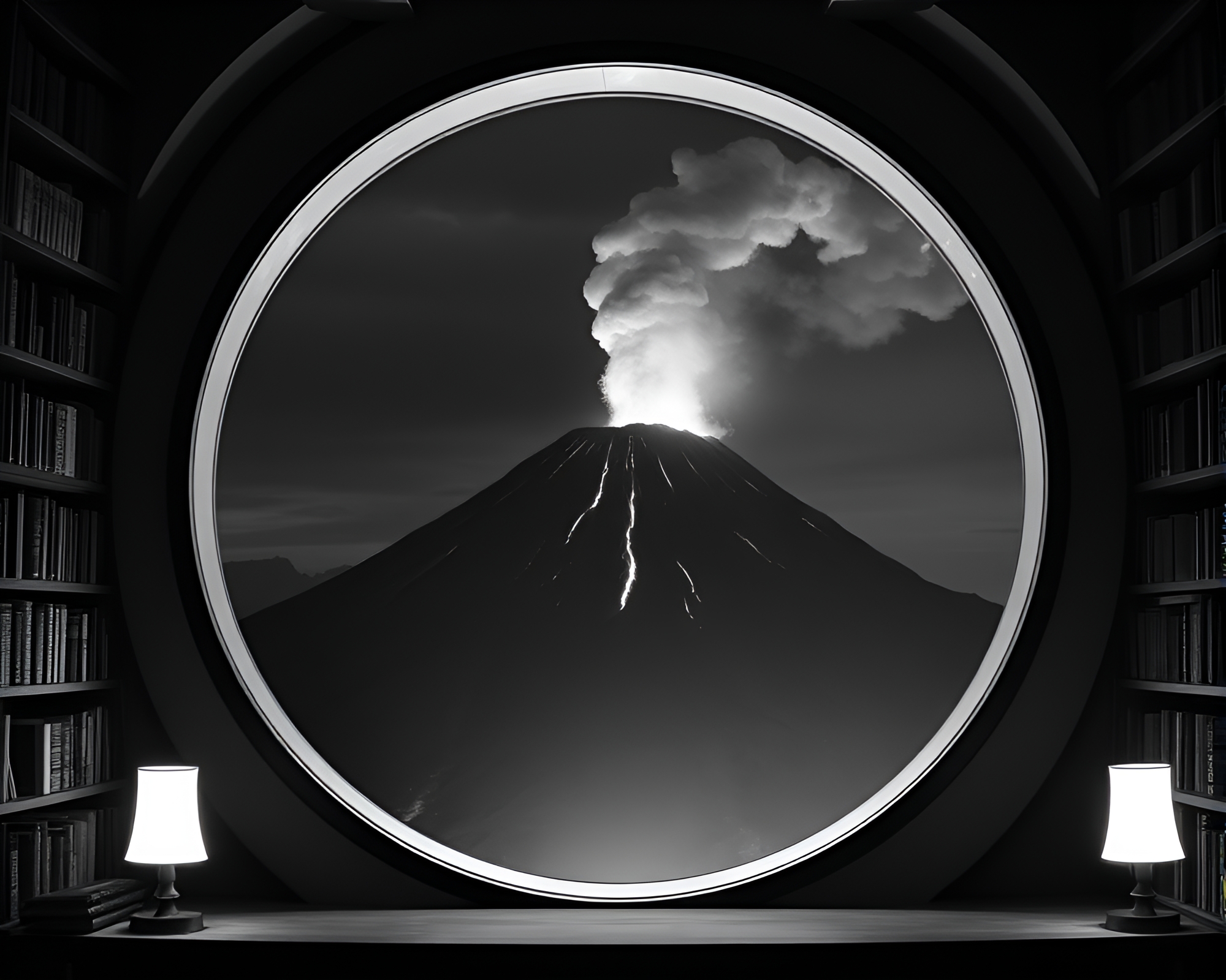 Monochrome Volcanic Eruption Through Circular Frame – free AI stock image
