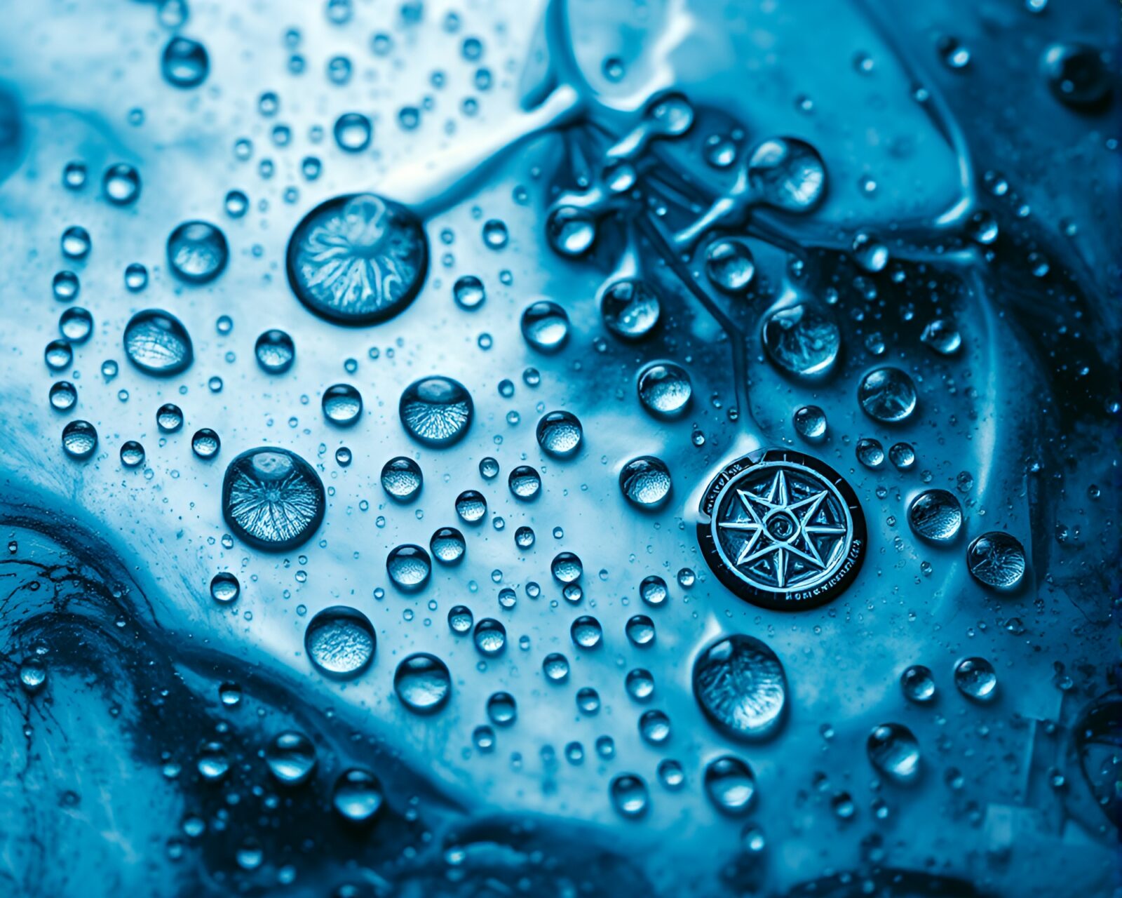 Abstract painting of alchemical symbols in icy blue water