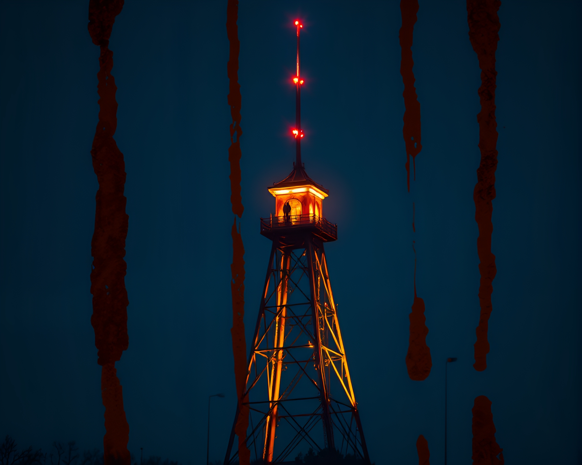 Rusty Tower Silhouette Glowing with Firefly Light – free AI stock image