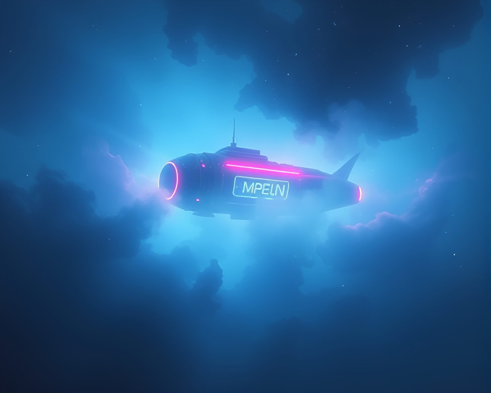 Illustration of a fluorescent-lit submersible in misty waters