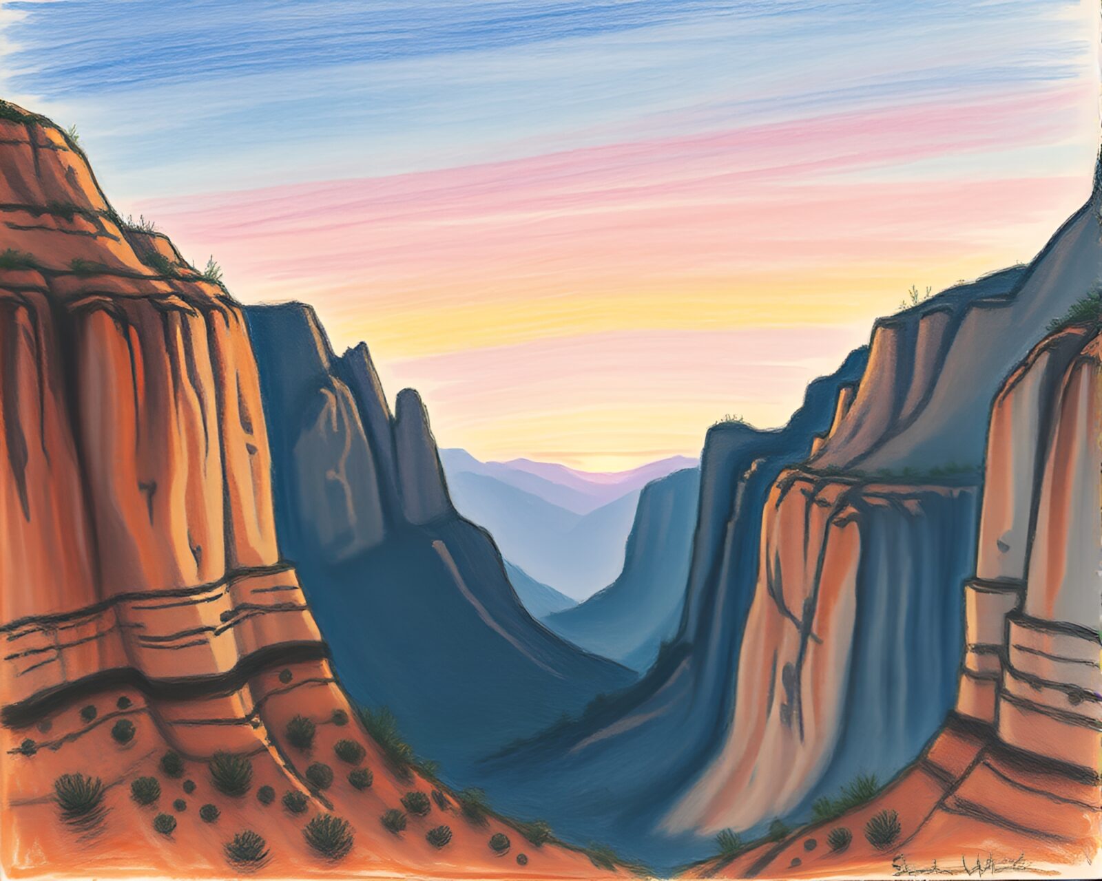 Serene canyon vista in twilight shades drawn with conté.