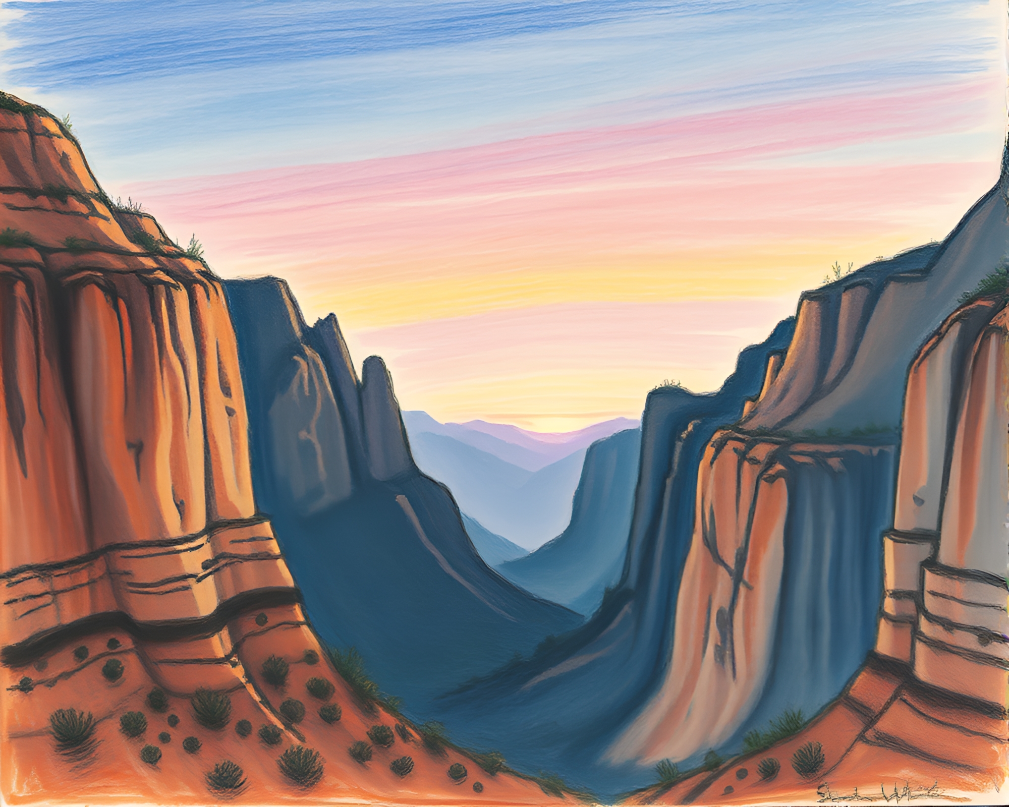 Twilight Canyon Depth Layering Conte Drawing – free AI stock image