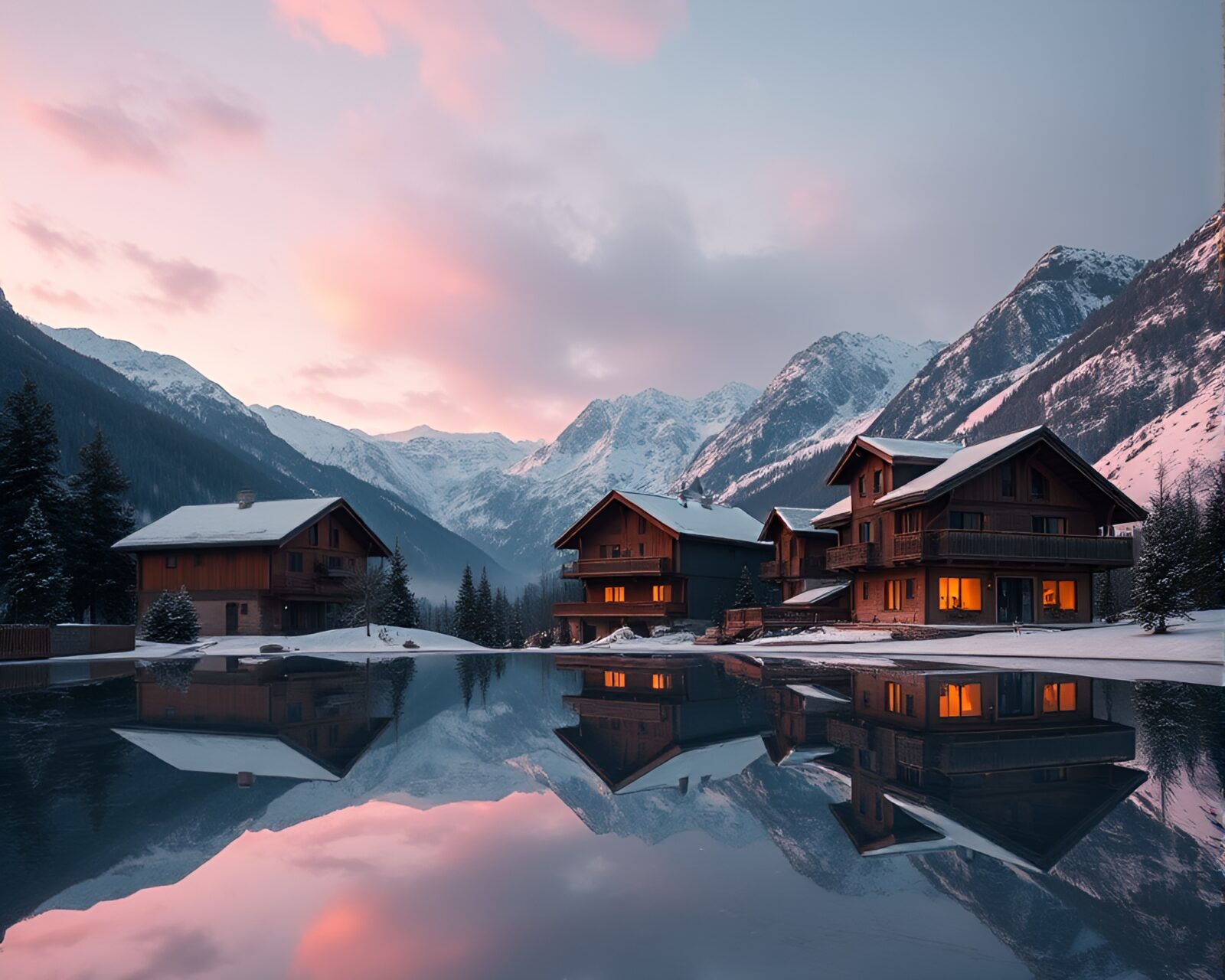 Muted earth tones reflect off alpine chalet surface