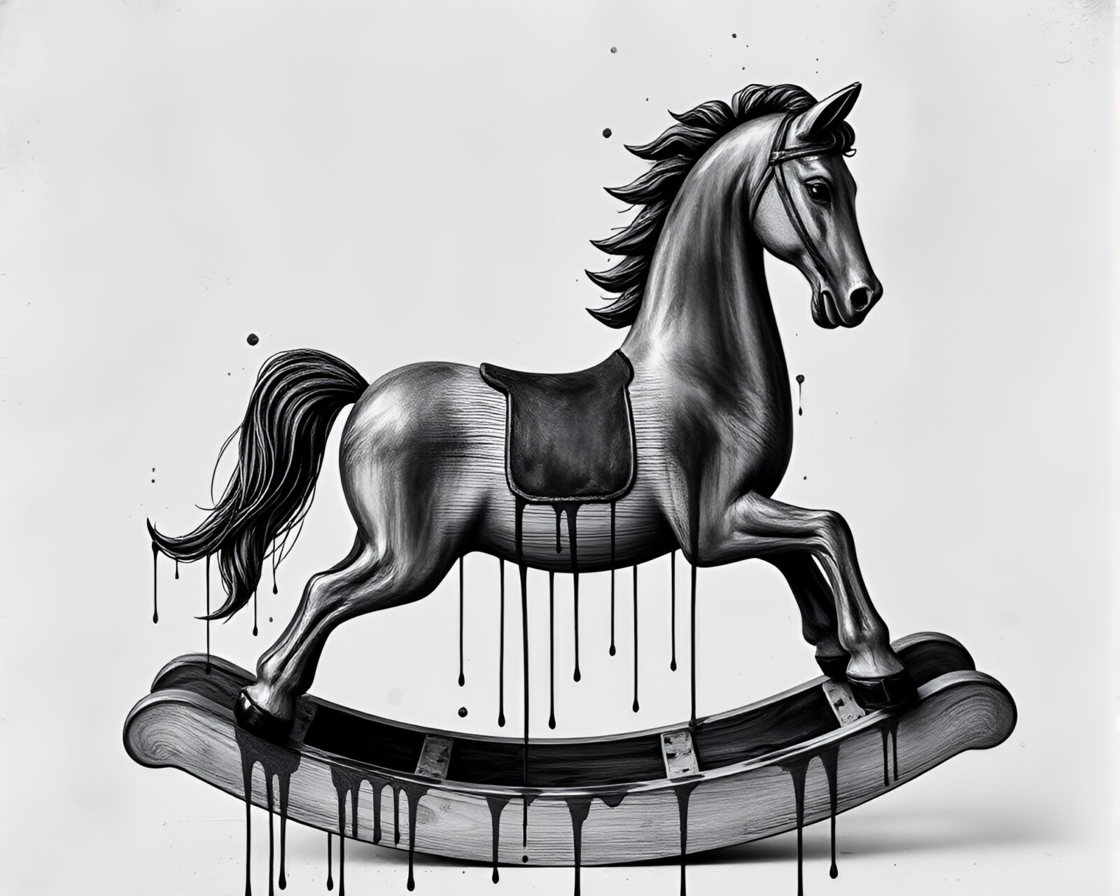 Wooden rocking horse in gray duochrome with ink drips