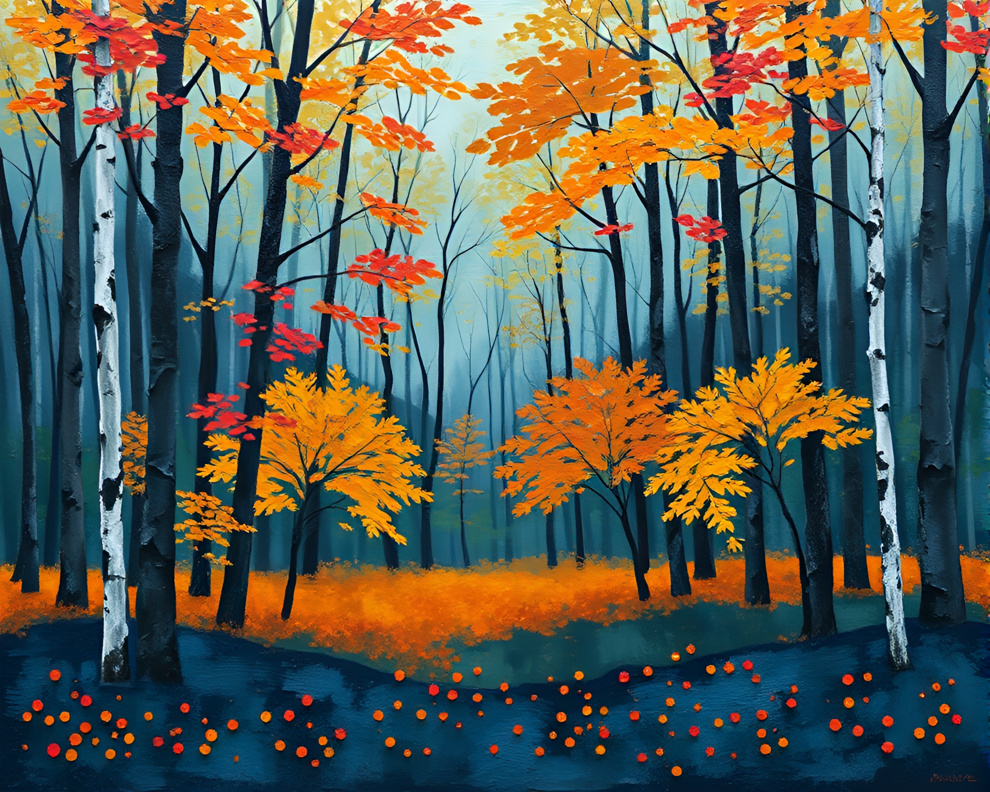 Autumn Forest Sunset with Impasto Steel-Blue Hues – free AI stock image