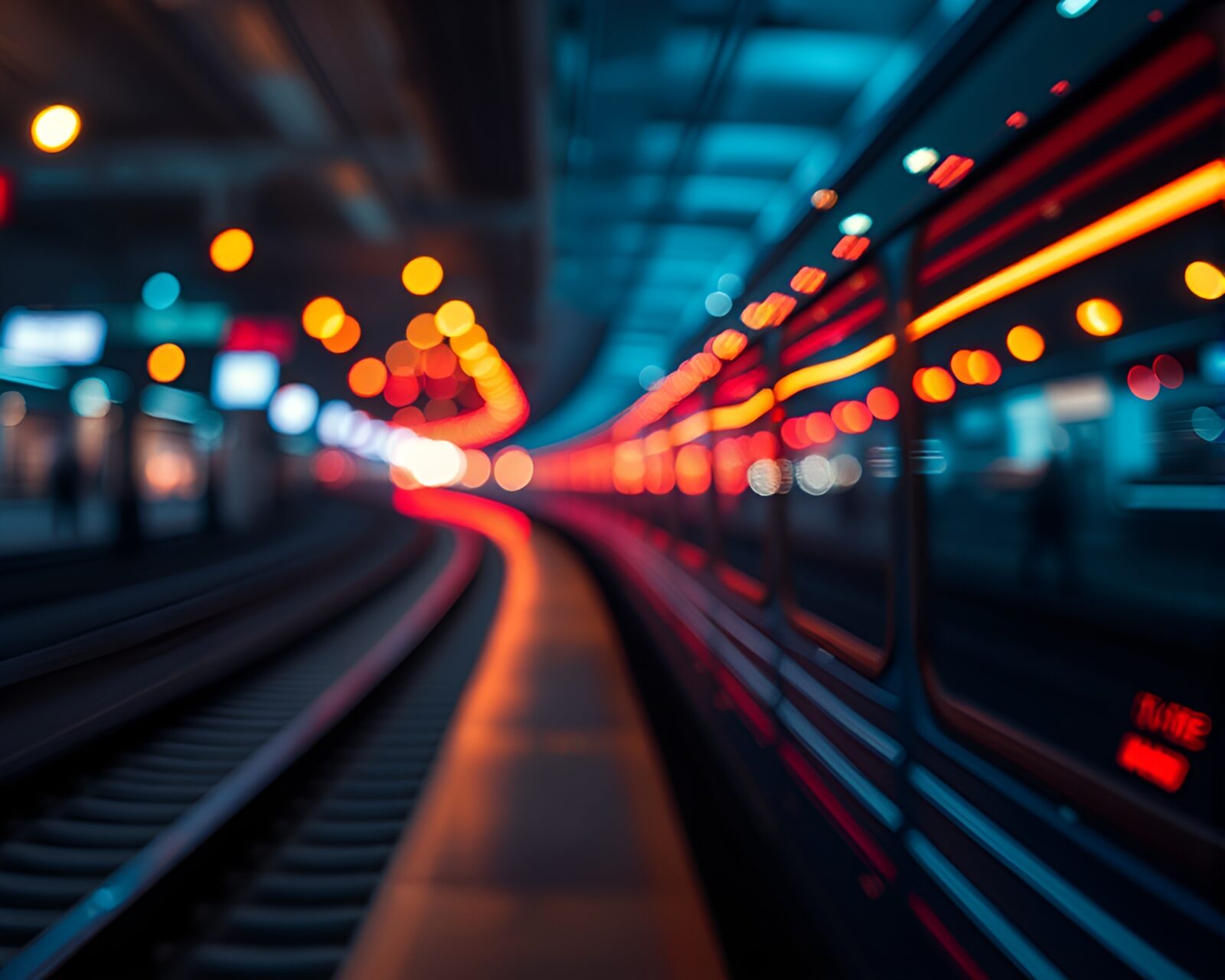 Dynamic light trails from futuristic train in cybernetic cityscape