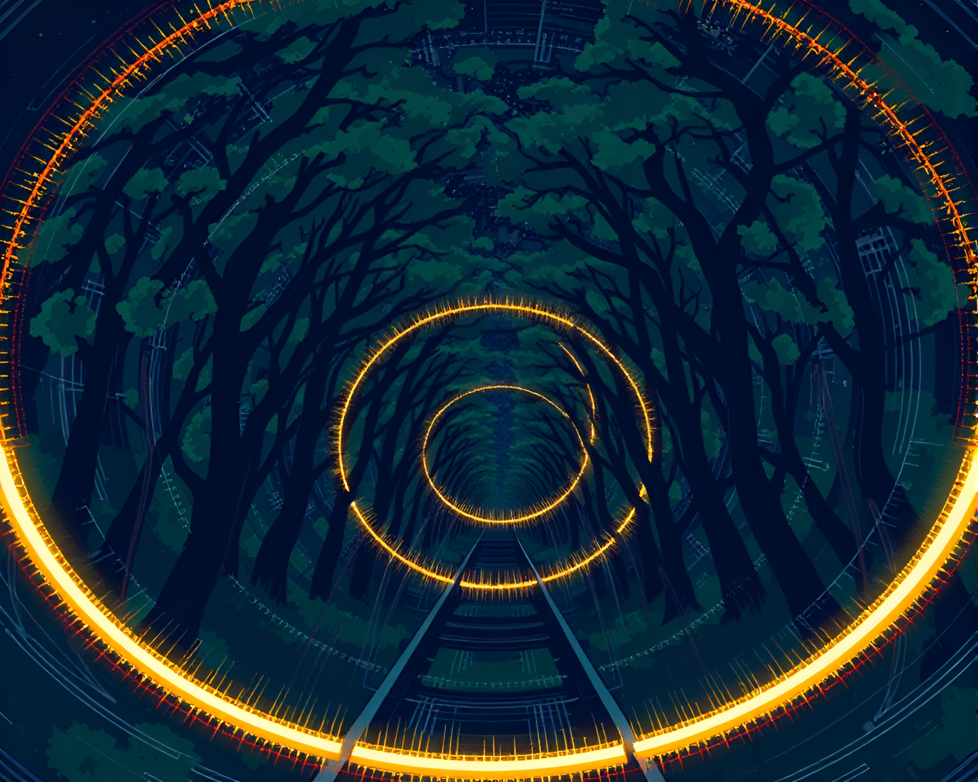 Pixel Art Monorail Through Tree Ring Light Streaks – free AI stock image