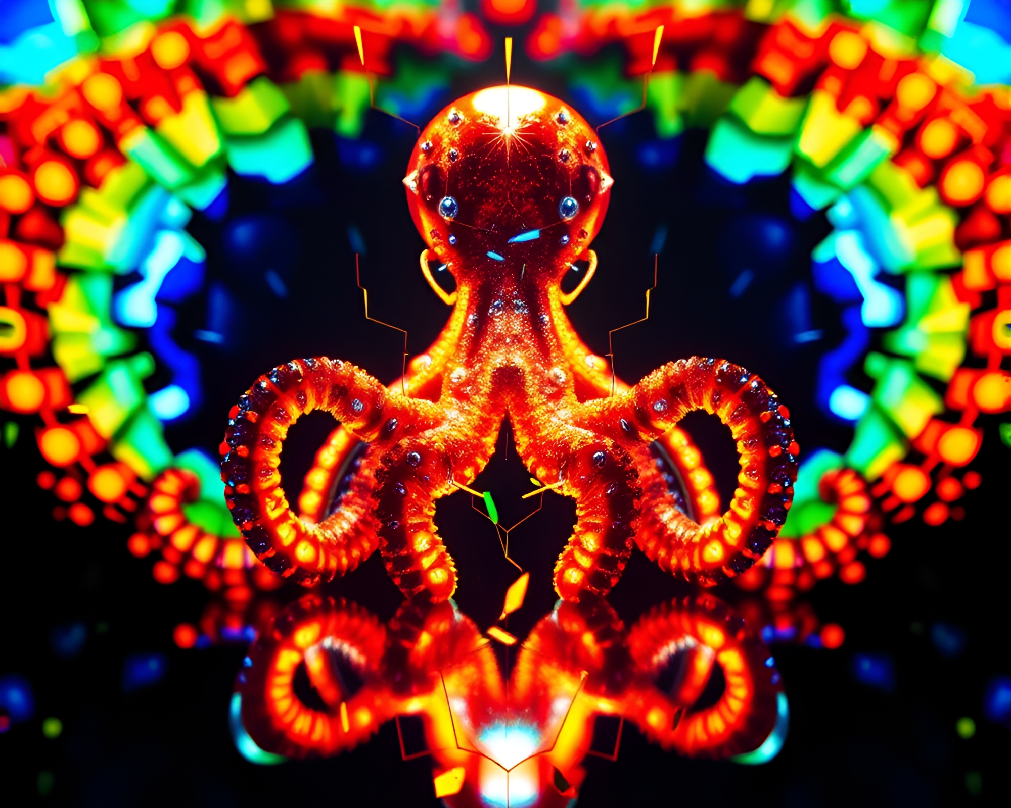 Octopus Reflection in Pixelated Stained Glass Mirror Shard – free AI stock image