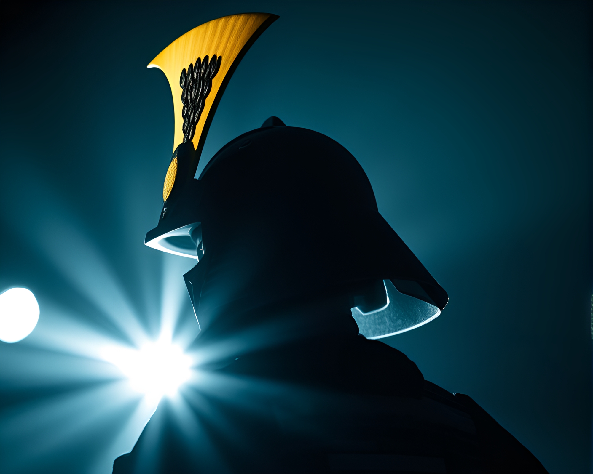 Samurai helmet in spotlight glare with duotone effect – free AI stock image